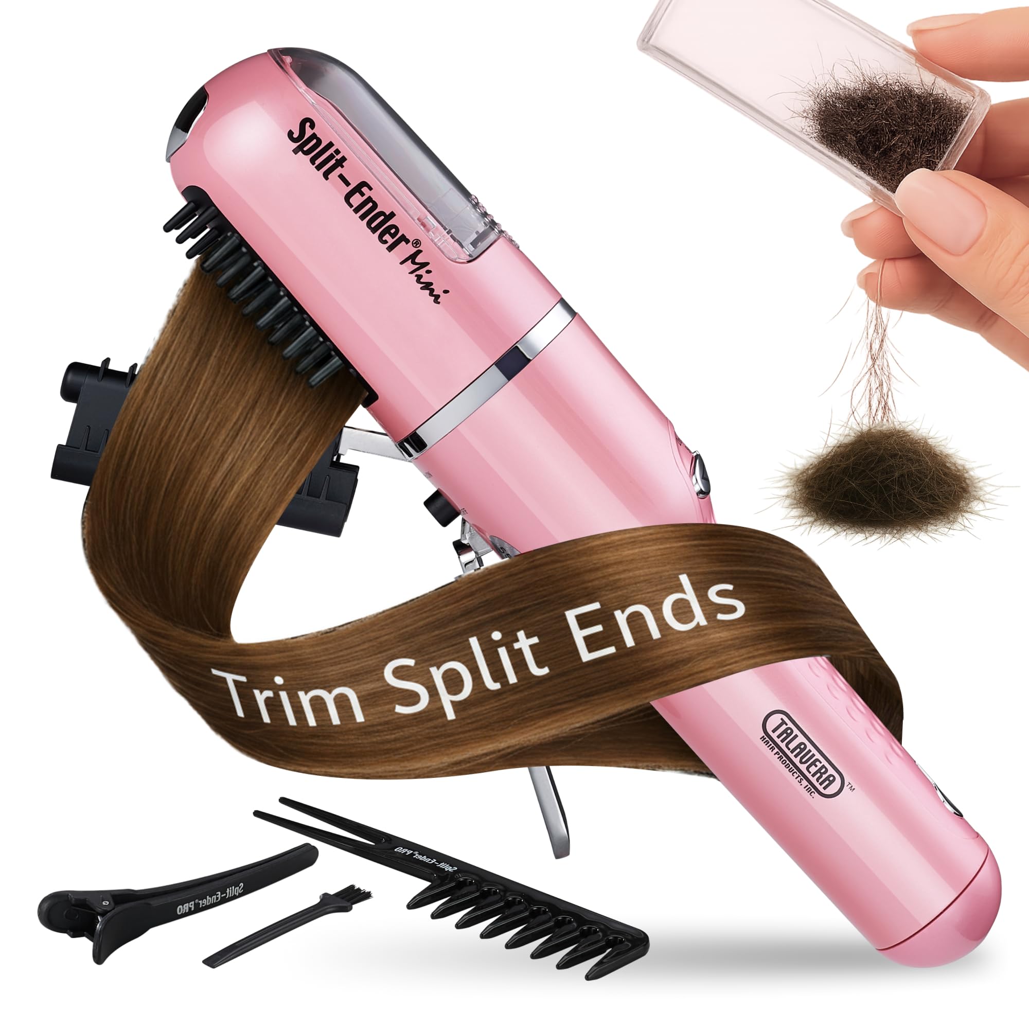 Split Ender Mini cordless trimmer pink close-up for precise at-home split-end care.