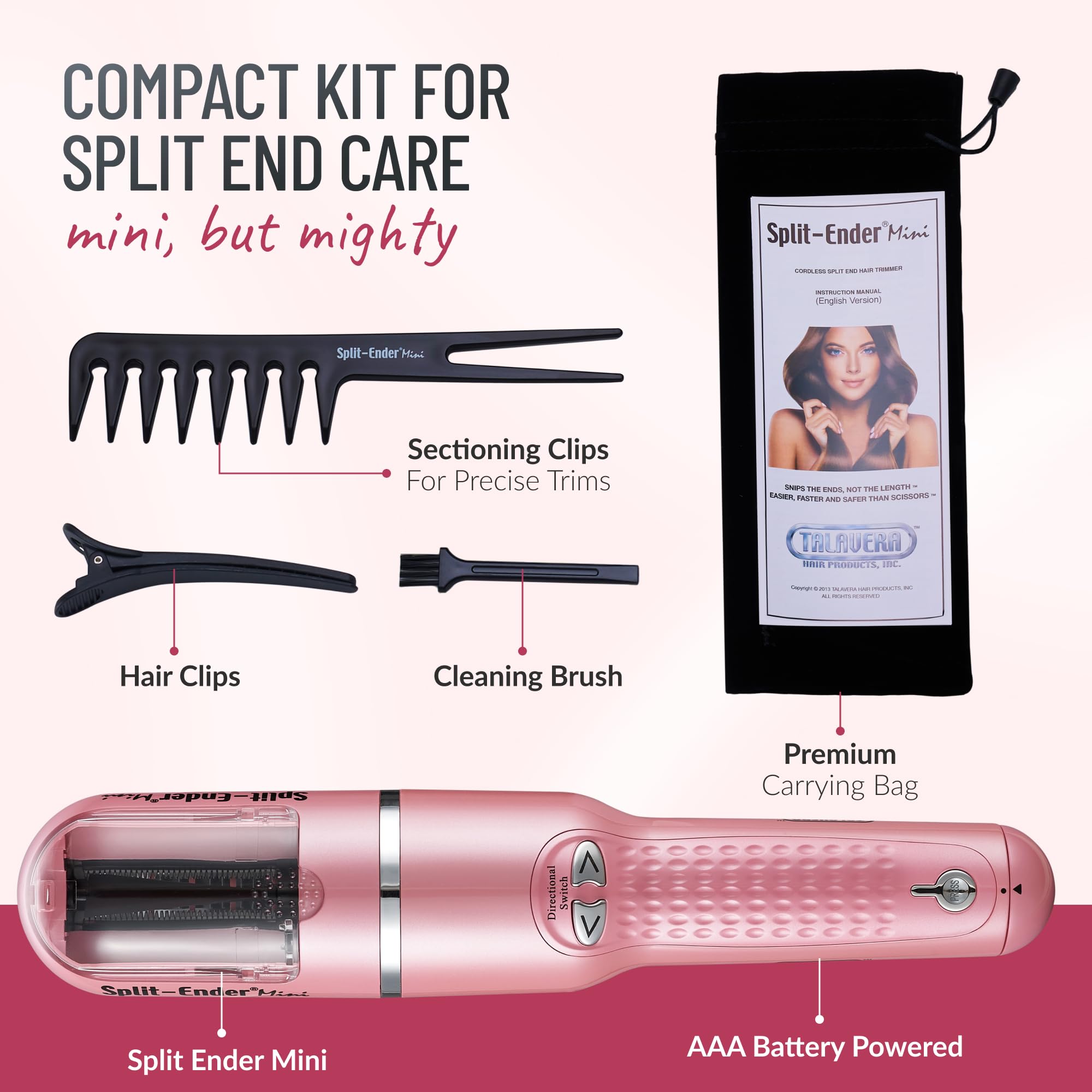 Split Ender Mini hands holding trimmer for at-home hair maintenance.
