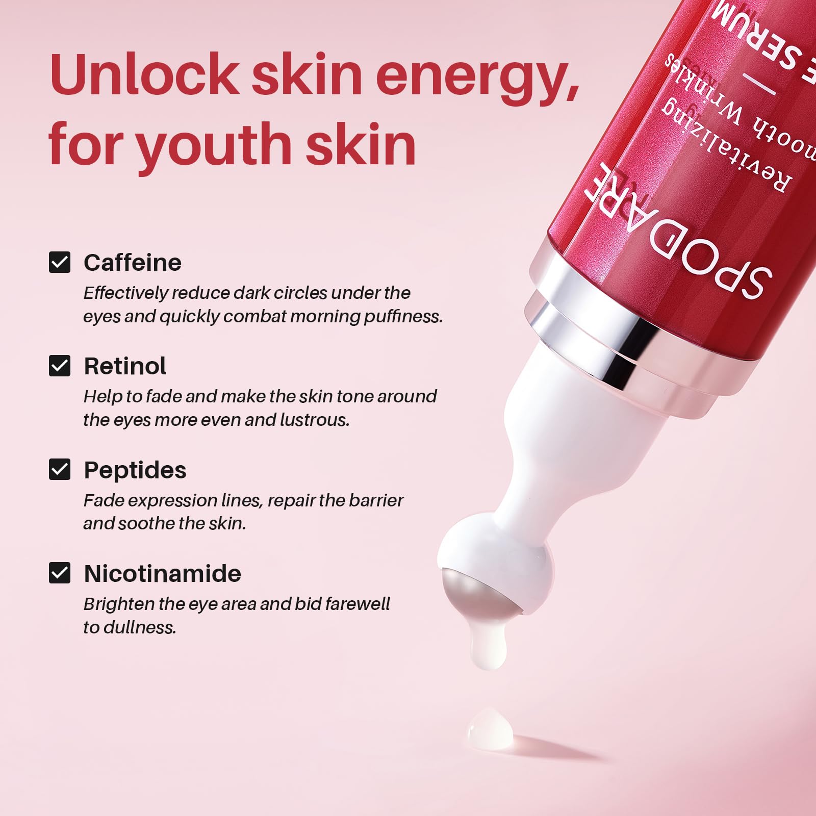 SPODARE eye serum lightweight texture shown for quick absorption around eyes