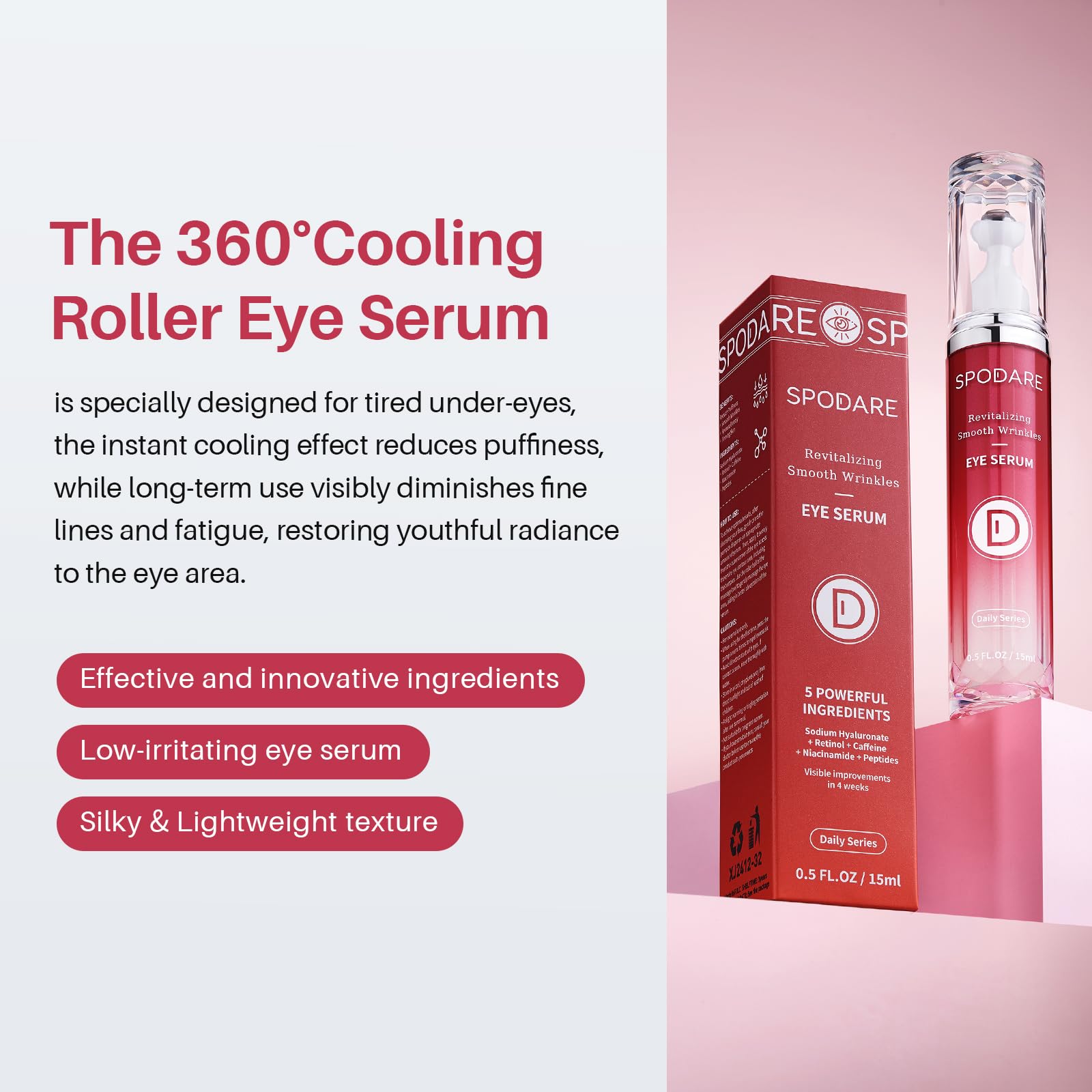 SPODARE eye serum roller-ball close-up showing 360-degree massage for even distribution