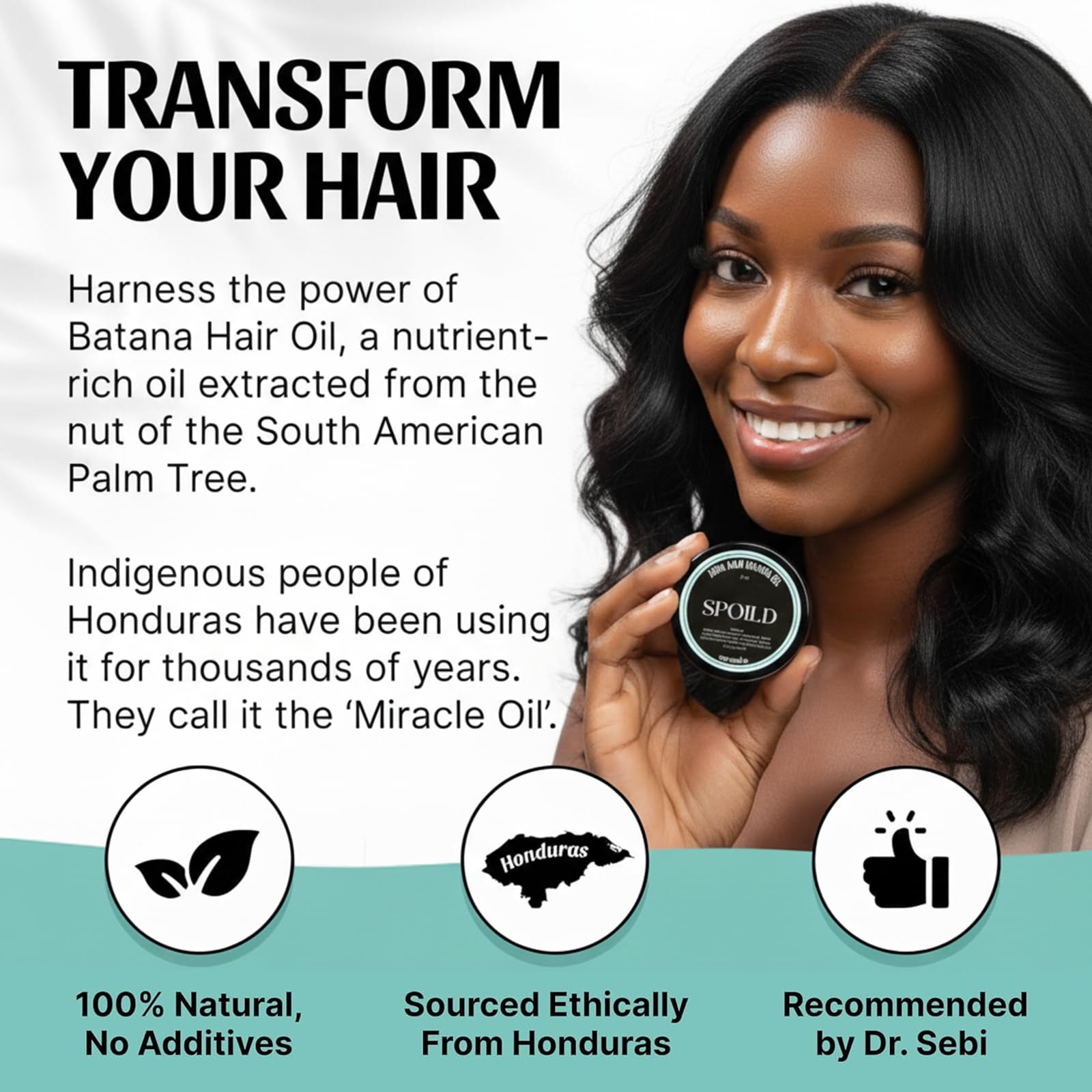 SPOILD Batana Oil bottle pour ready for quick scalp massage.