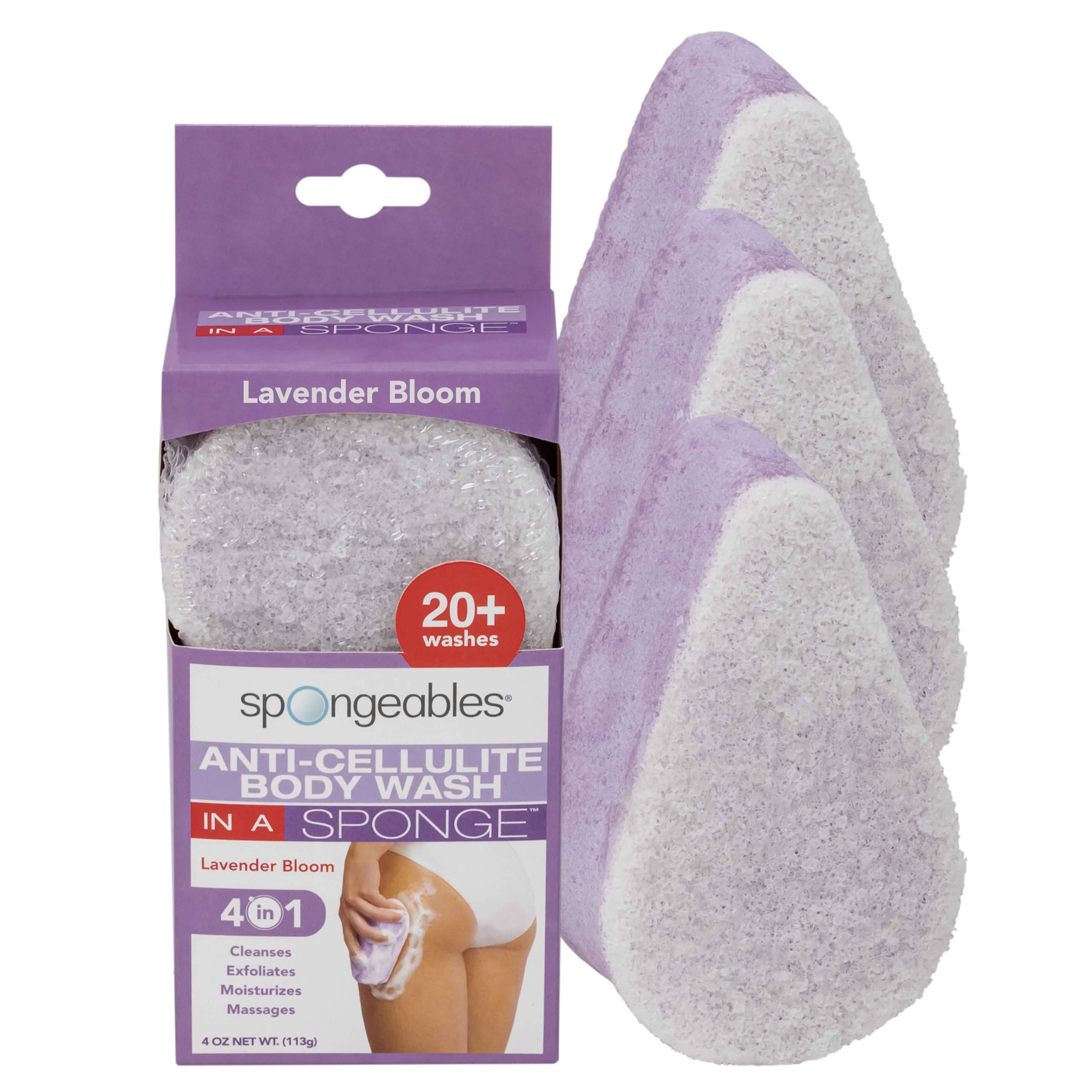 Spongeables lavender cellulite sponge for cleansing and moisturizing benefits.