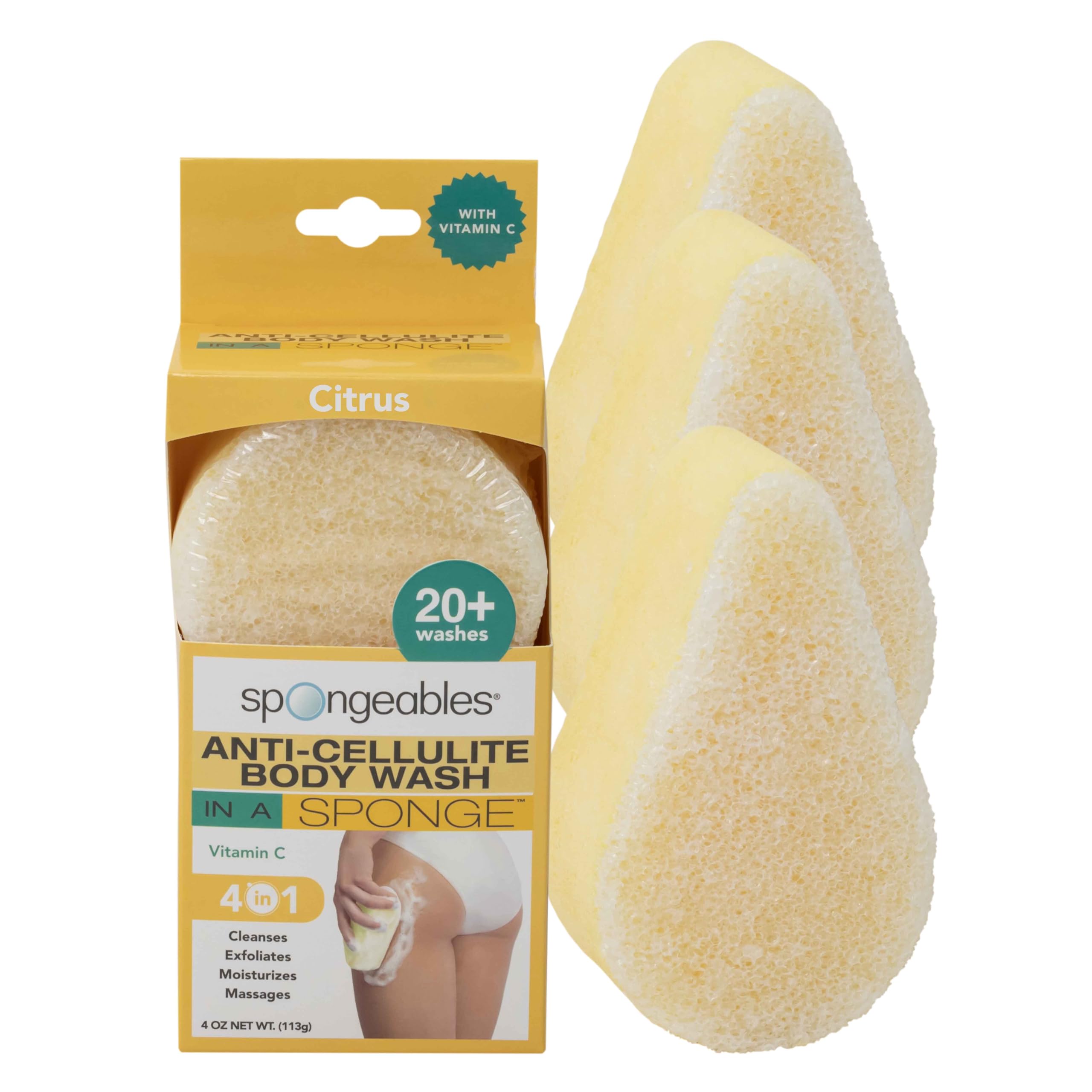 Spongeables citrus-anti-cellulite-sponges close-up showing spa-like cleansing and cellulite-focused care