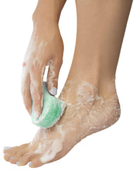Spongeables Pedi Scrub textured-side exfoliation image highlights deeper removal of dead skin.