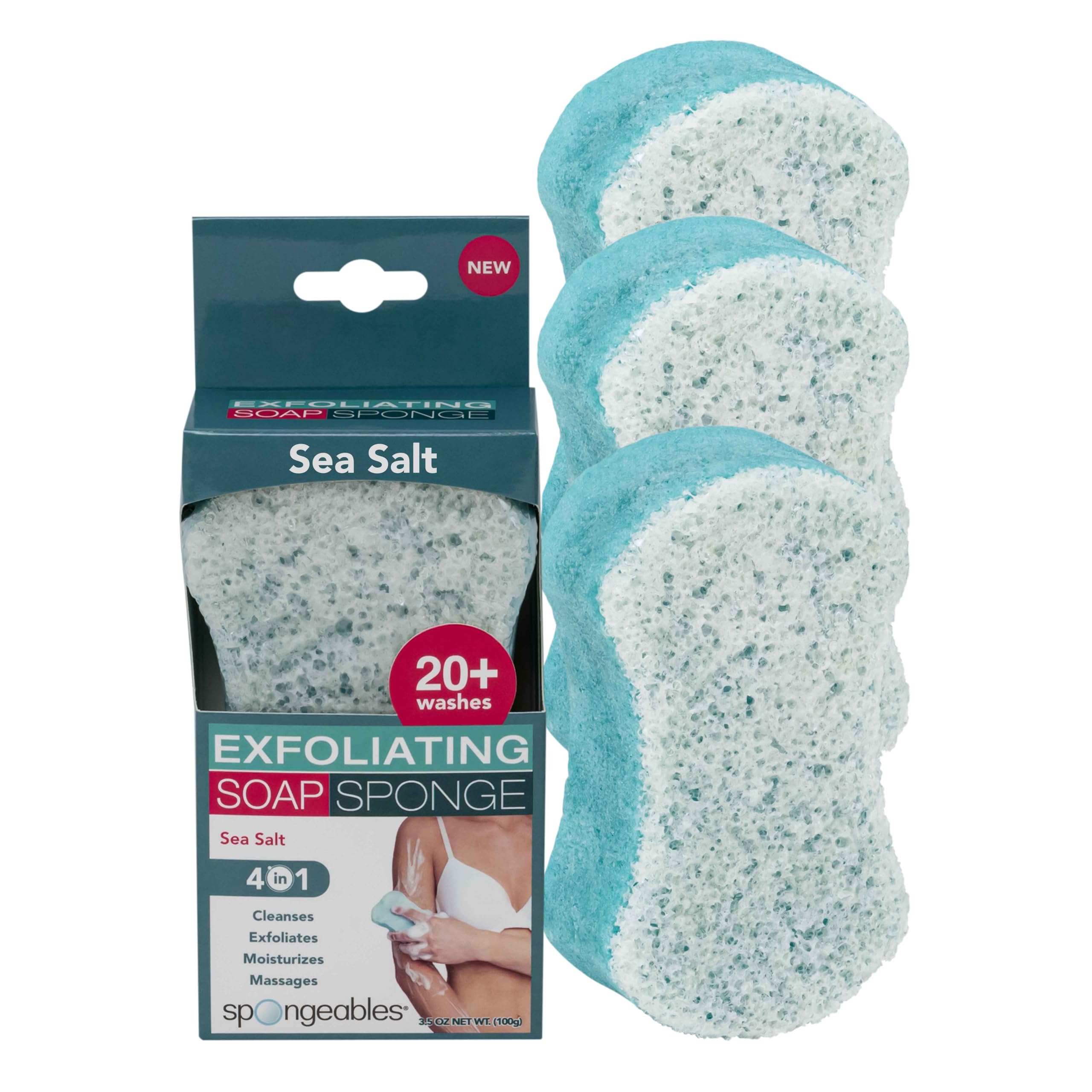 Spongeables Sea Salt wash sponges pack shows three infused sponges for a spa-like cleanse.