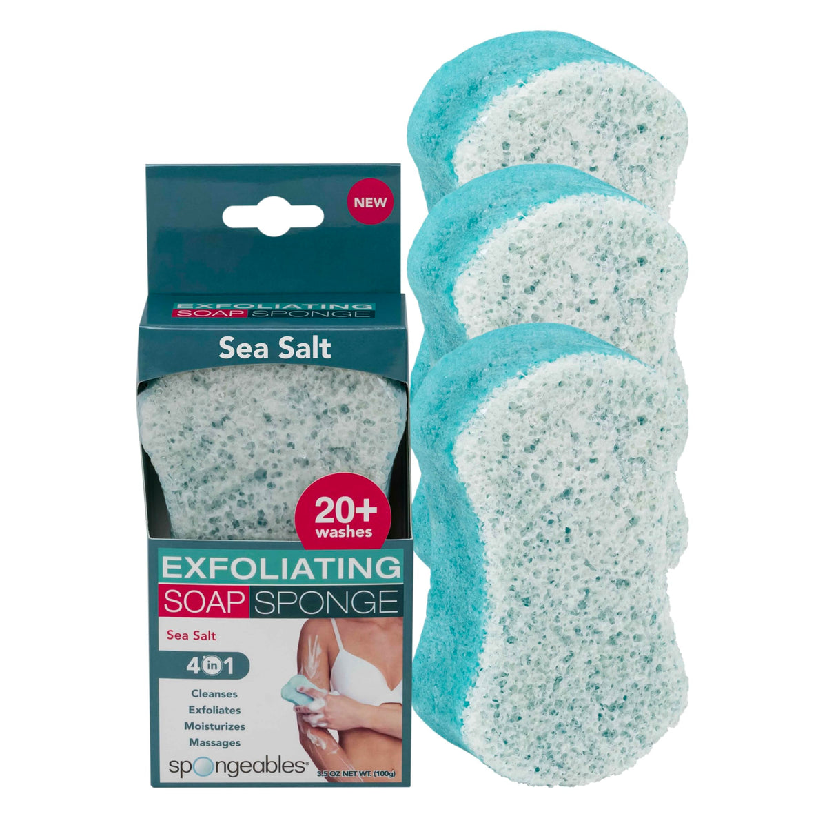 Spongeables Sea Salt wash sponges pack shows three infused sponges for a spa-like cleanse.