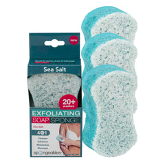 Spongeables Sea Salt wash sponges pack shows three infused sponges for a spa-like cleanse.