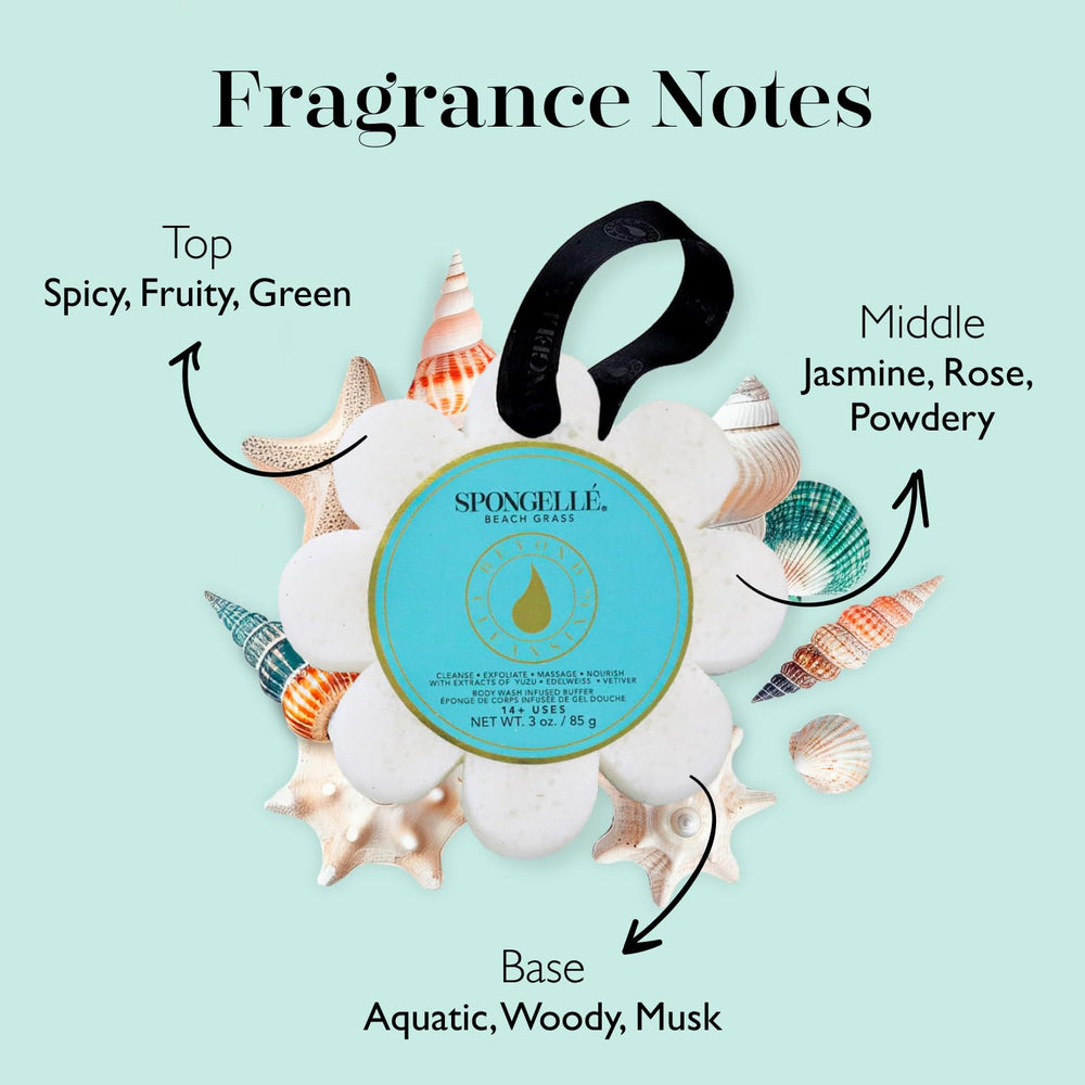 SPONGELLÉ Beach Grass Wild Flower Buffer exfoliation detail with textured surface.
