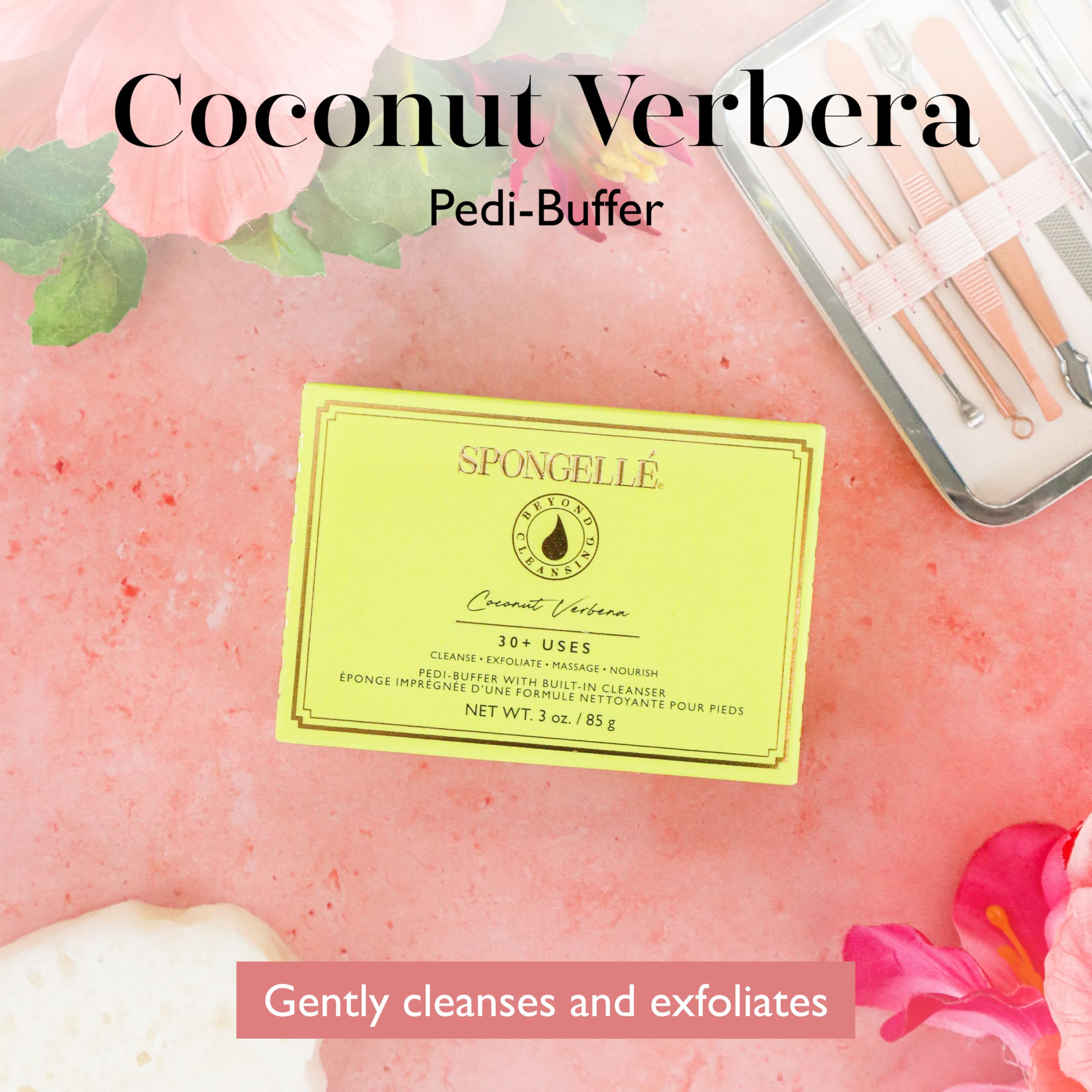 SPONGELLÉ Coconut Verbena Pedi-Buffer detalle-textura exfoliante para piel áspera.