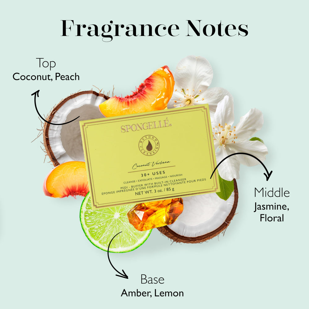 SPONGELLÉ Coconut Verbena Pedi-Buffer jabón integrado facilita limpieza y exfoliación.