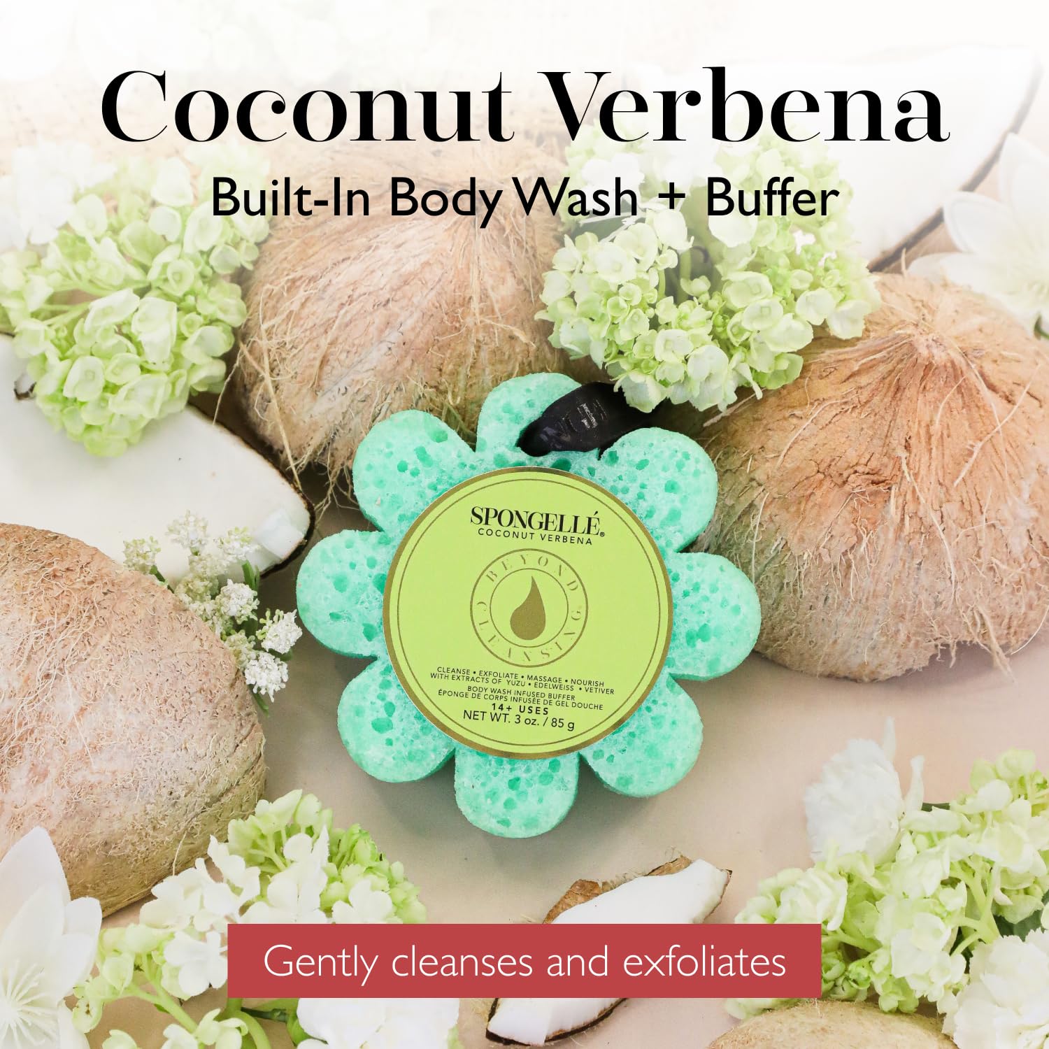 SPONGELLÉ Coconut Verbena Wild Flower Buffer closeup-foam highlights built-in body wash