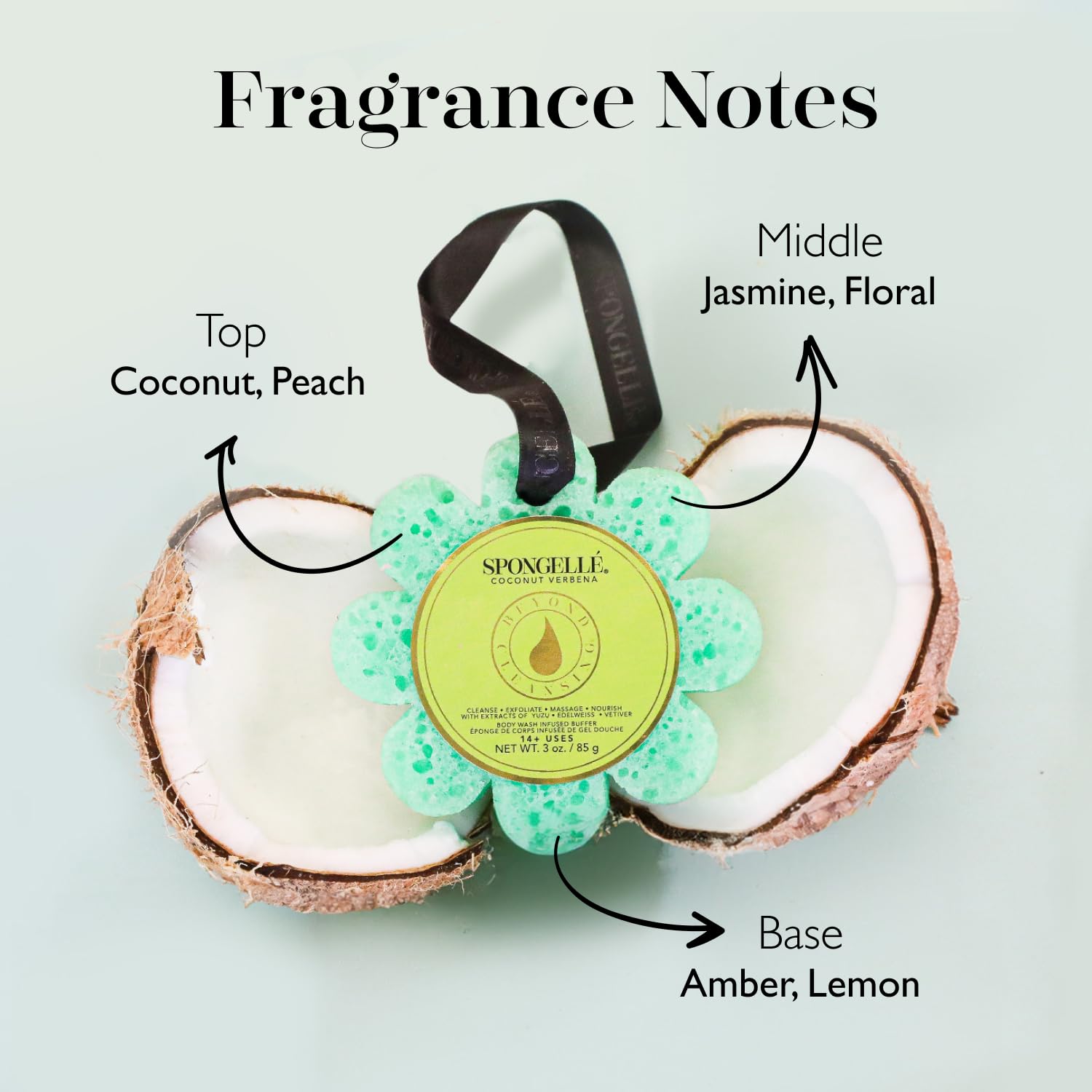 SPONGELLÉ Coconut Verbena Wild Flower Buffer exfoliation-action demonstrates effective scrubbing