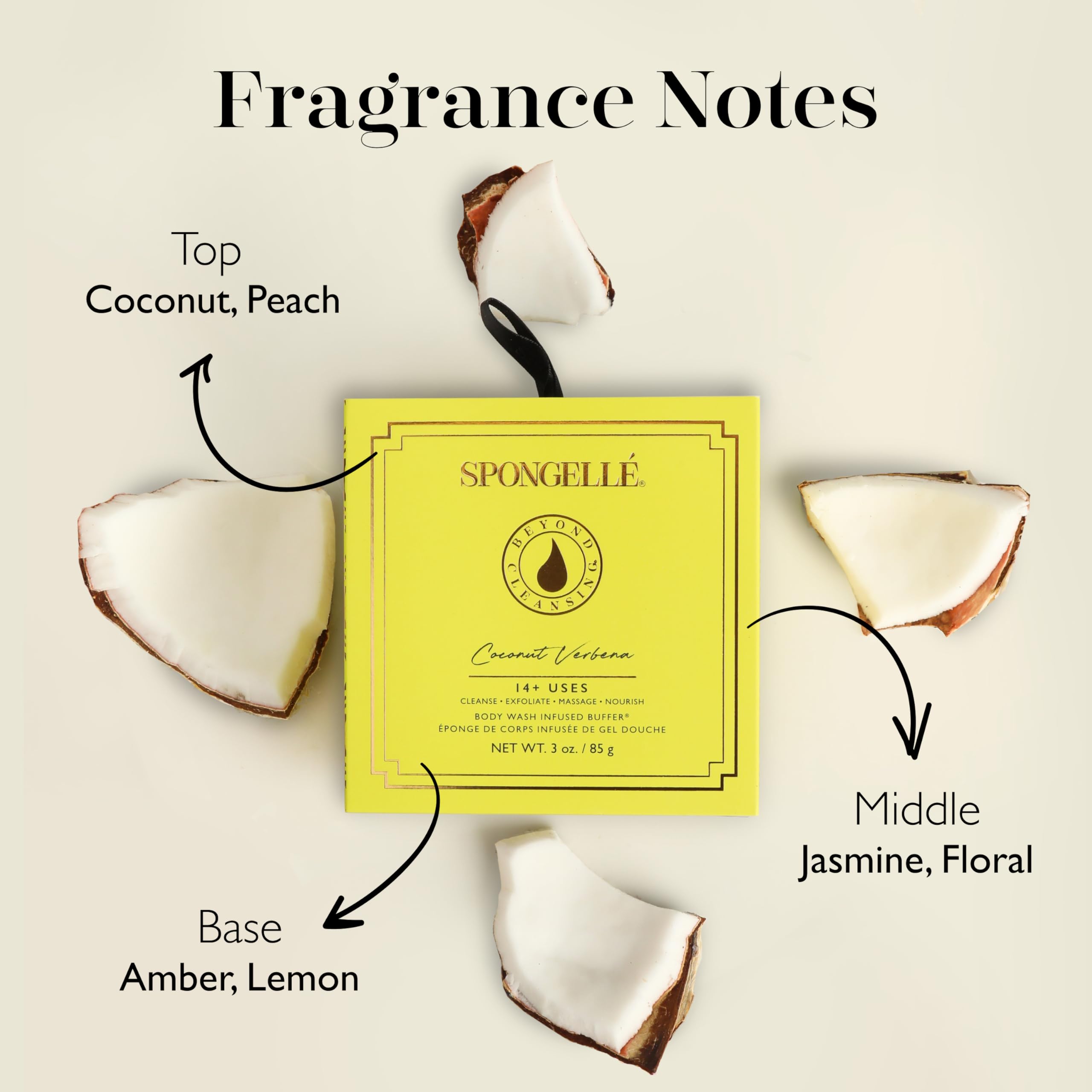 SPONGELLÉ Coconut Verbena infused buffer delivers gentle exfoliation and soothing fragrance