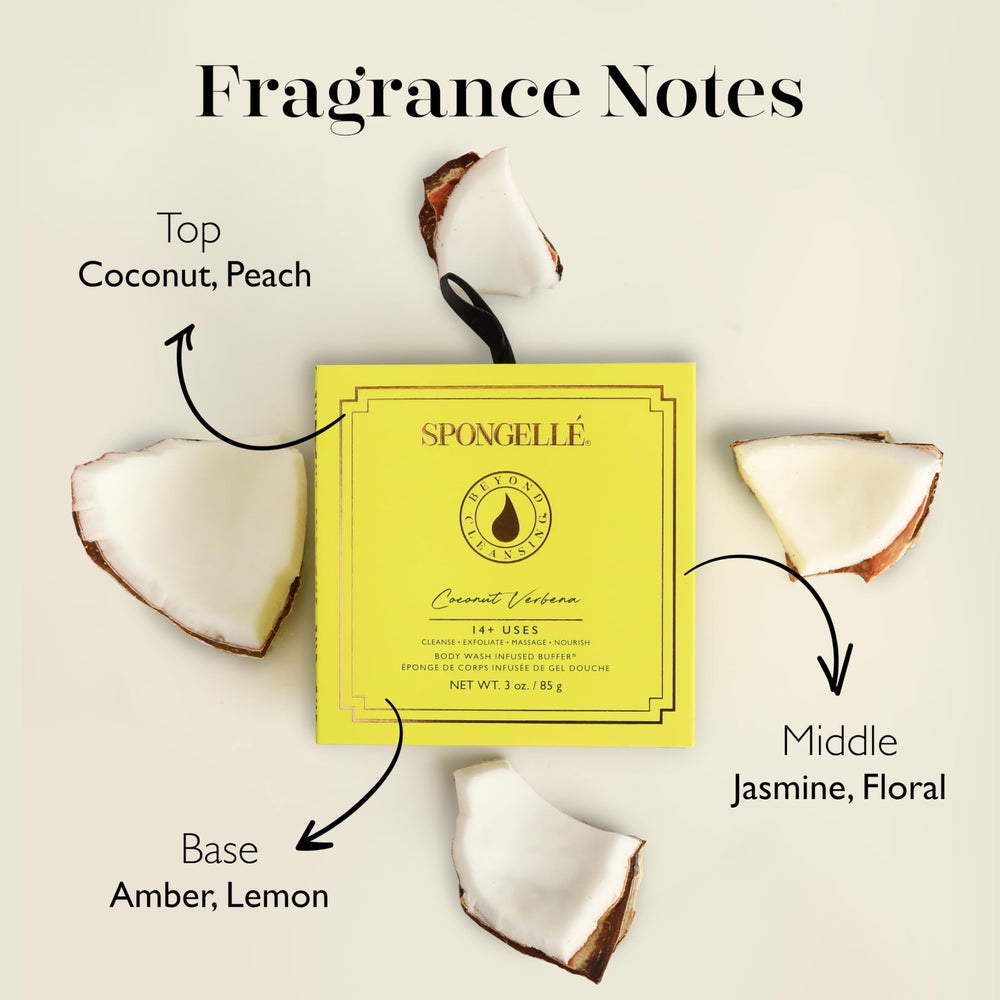 SPONGELLÉ Coconut Verbena infused buffer delivers gentle exfoliation and soothing fragrance