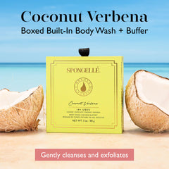 SPONGELLÉ buffer with handle friendly design enables easy body scrubbing in the shower