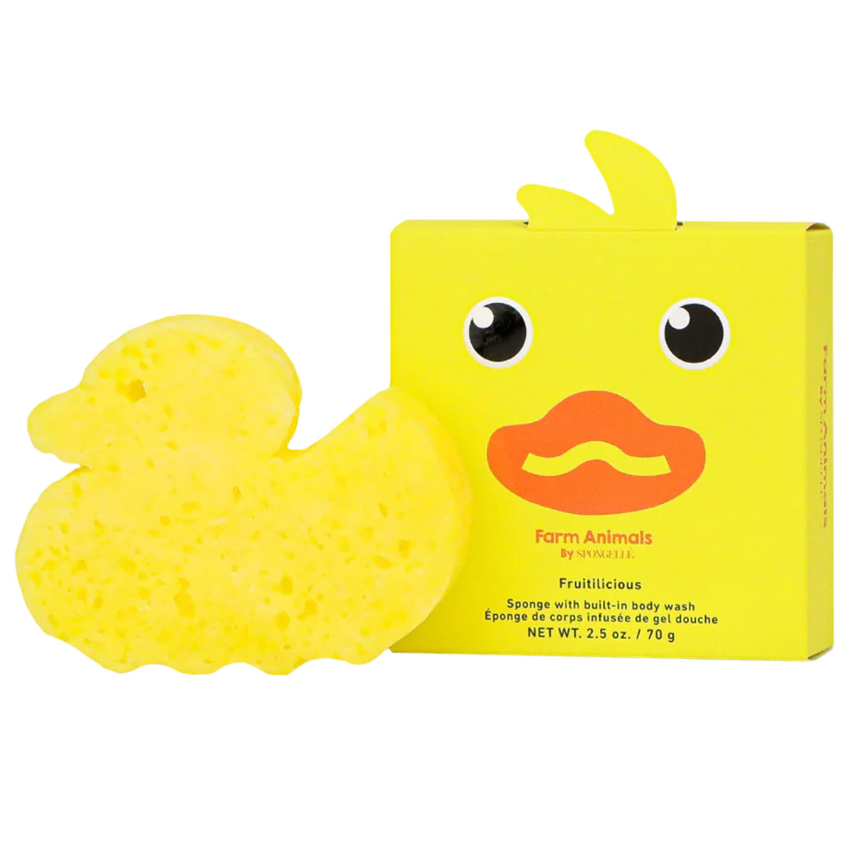 SPONGELLÉ Danny Duck close-up face for kid-friendly bath time