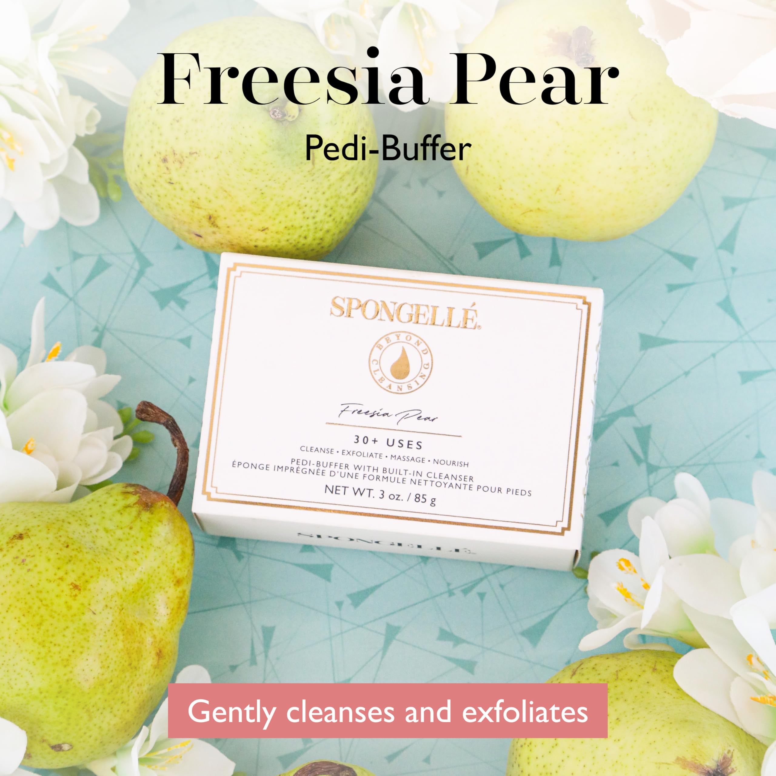 Close-up of SPONGELLÉ Pedi-Buffer in use for exfoliation on rough heels.