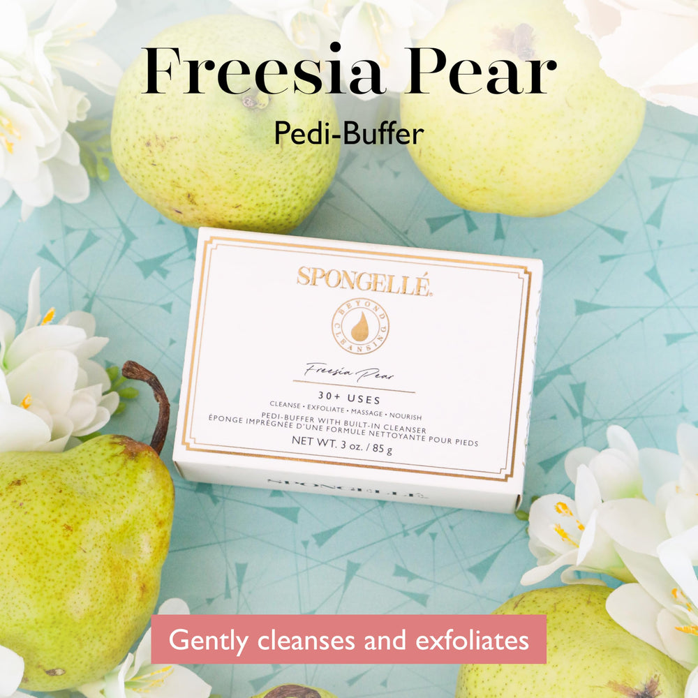 Close-up of SPONGELLÉ Pedi-Buffer in use for exfoliation on rough heels.