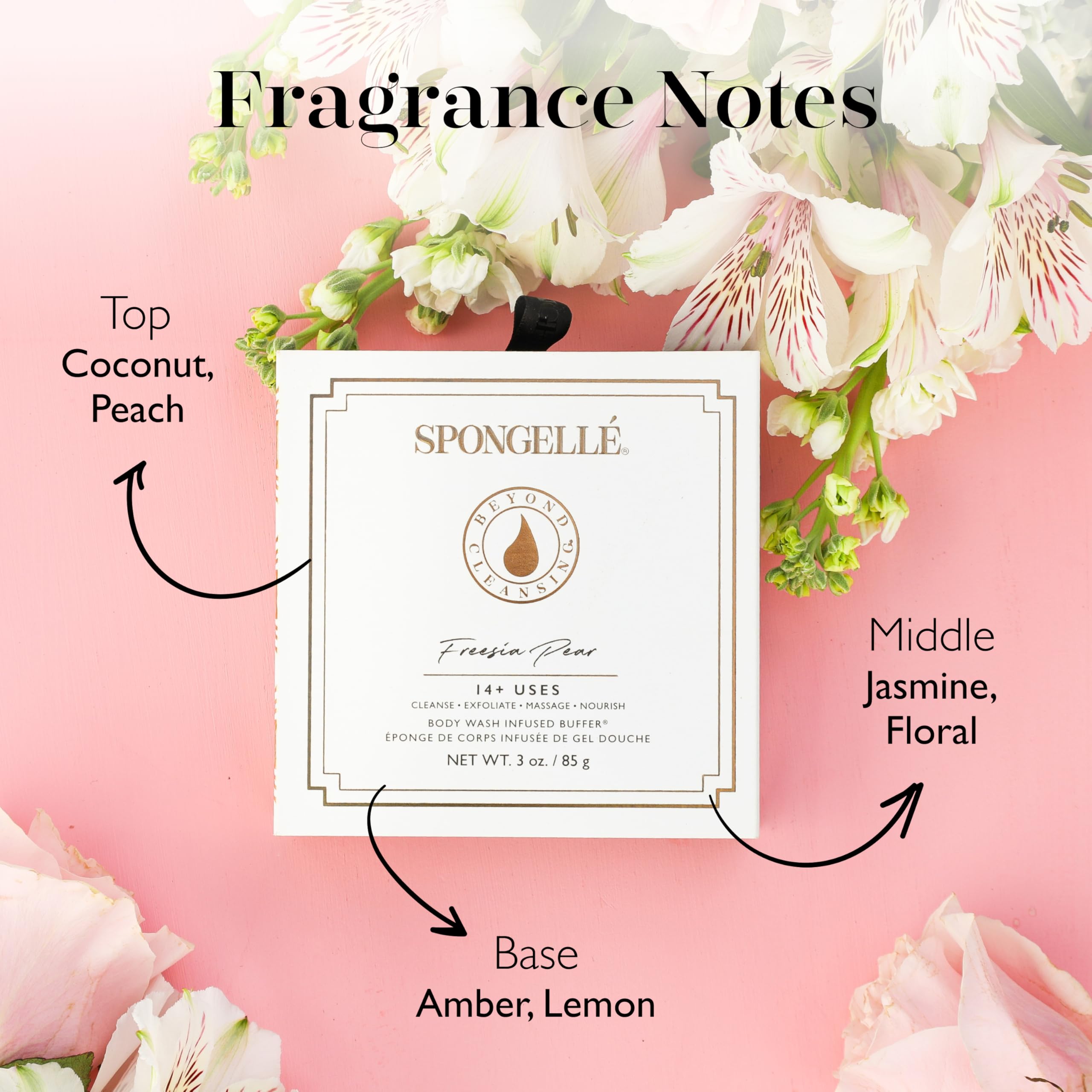 SPONGELLÉ Freesia Pear Wild Flower Buffer lather reveals rich foam from built-in body wash