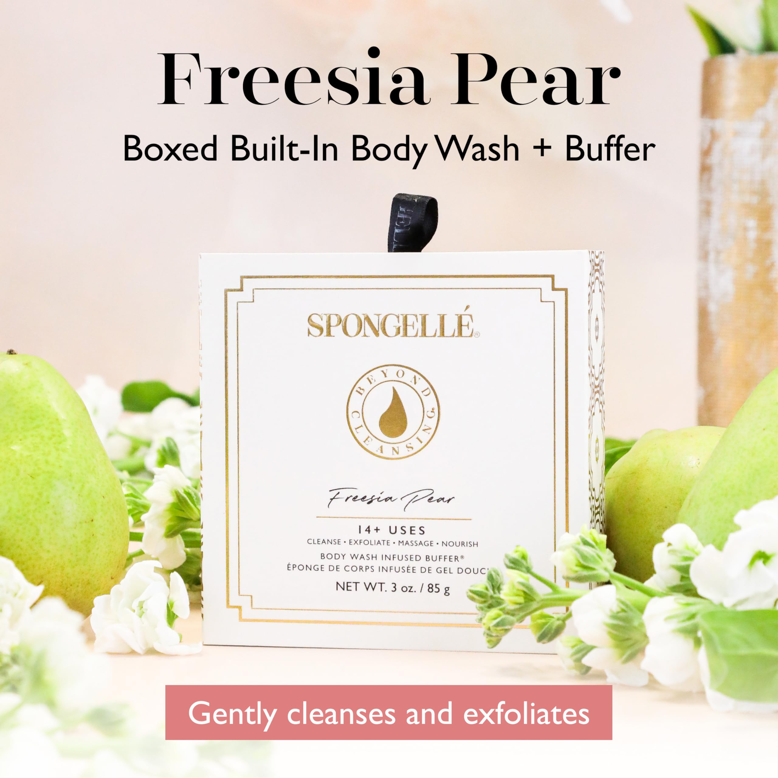 SPONGELLÉ Freesia Pear Wild Flower Buffer scrubber shows exfoliating texture for smooth skin