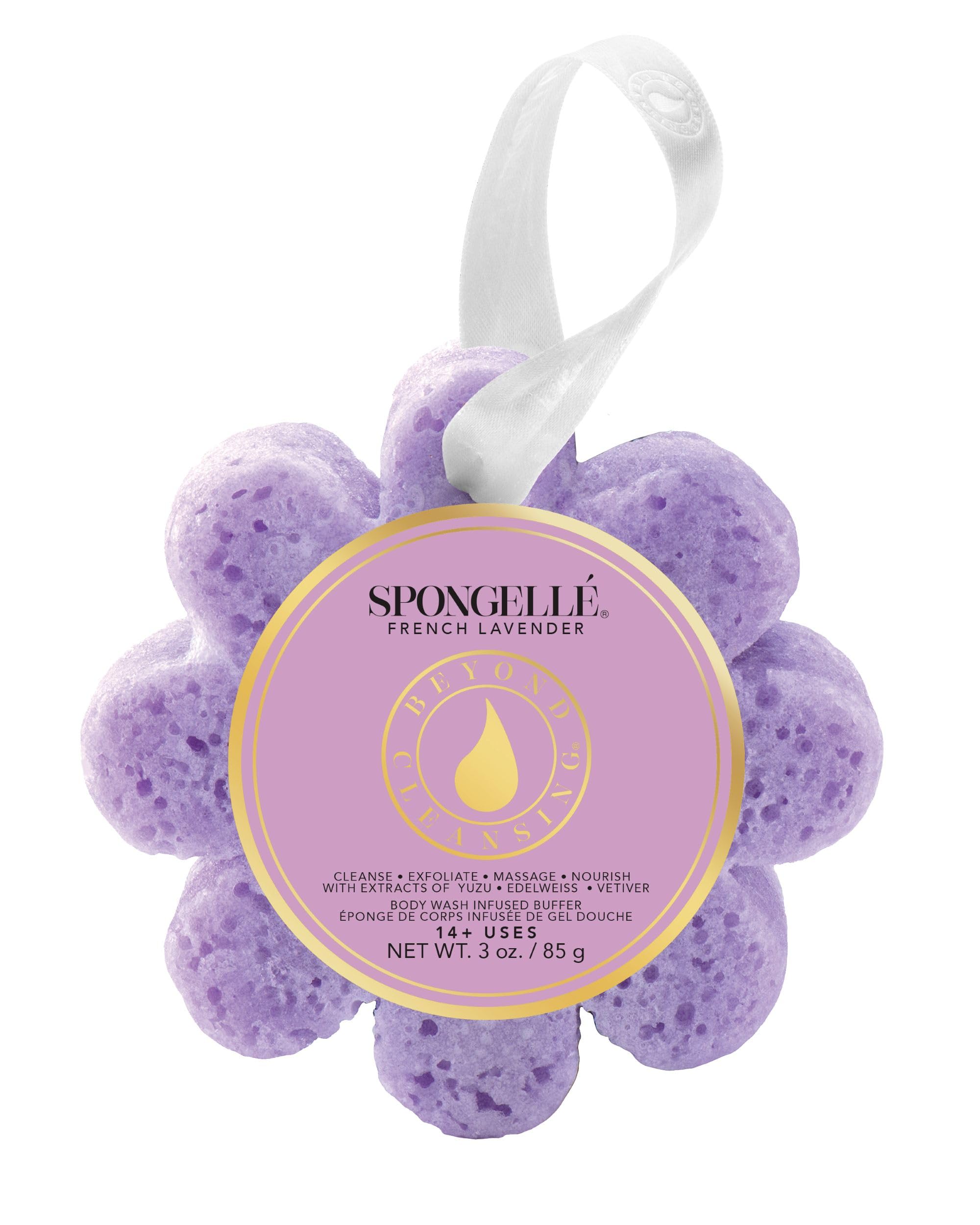 SPONGELLÉ French Lavender Buffer packaging shows spa-ready exfoliation for busy mornings.