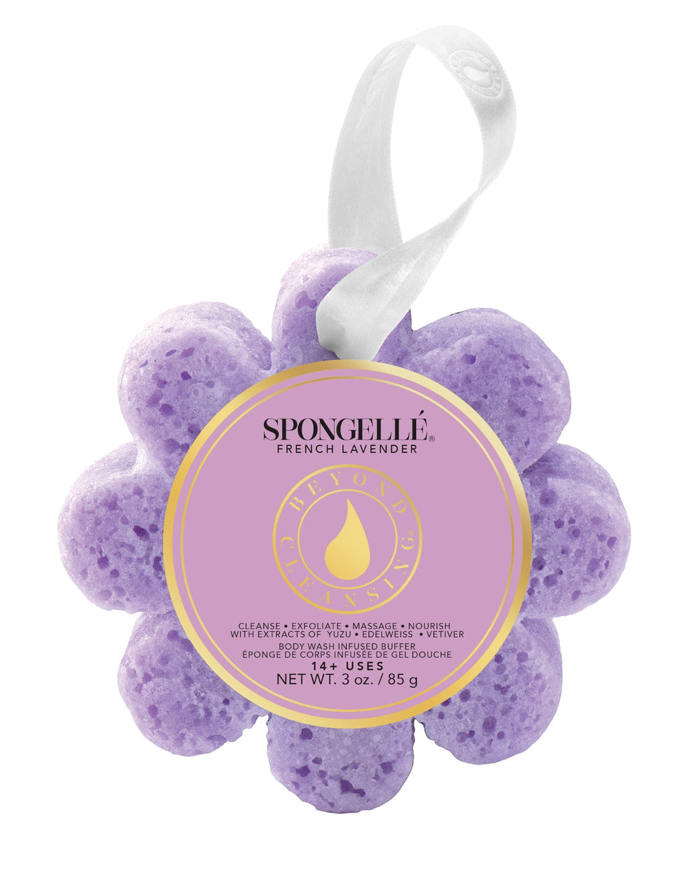 SPONGELLÉ French Lavender Buffer packaging shows spa-ready exfoliation for busy mornings.