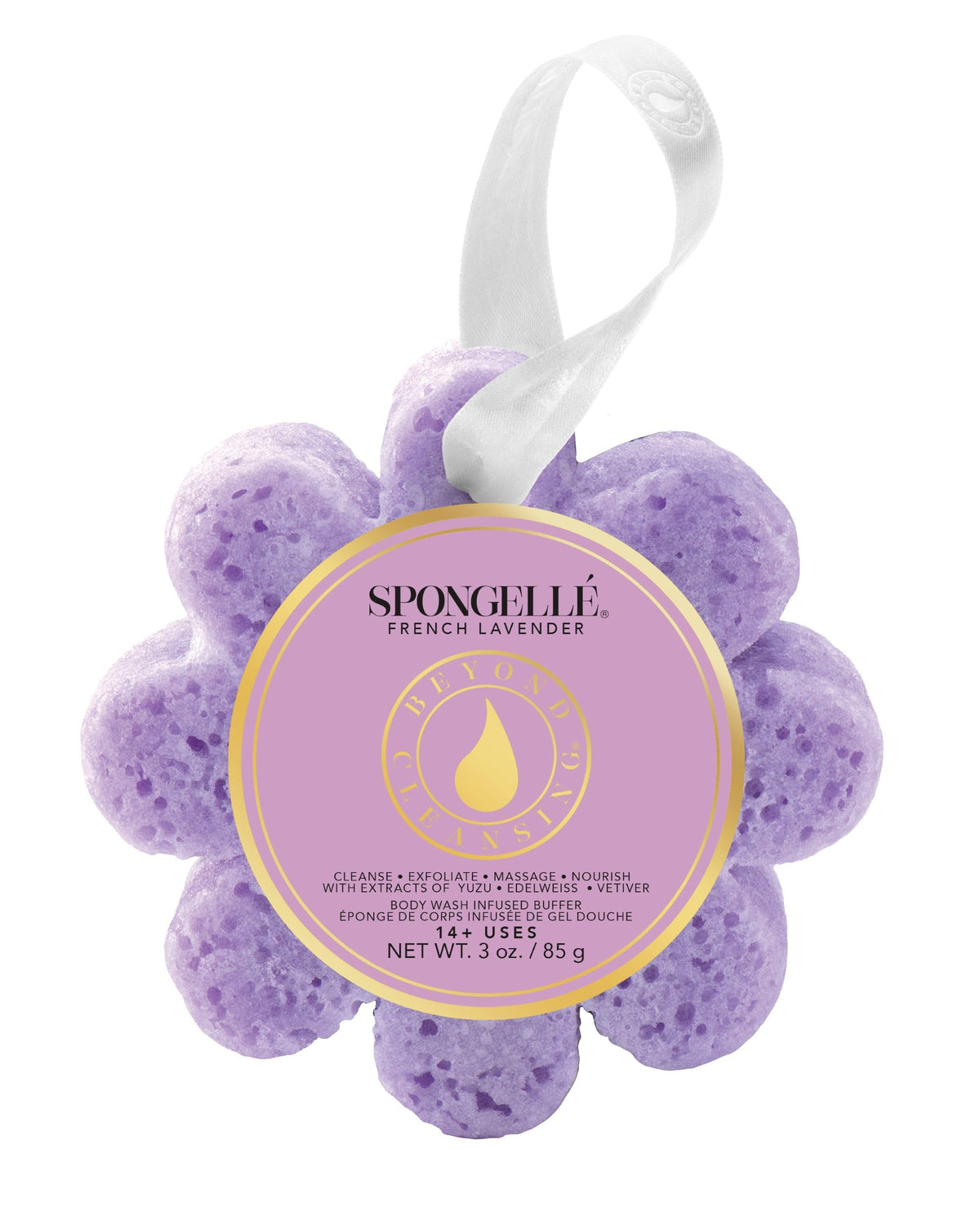 SPONGELLÉ French Lavender Buffer packaging shows spa-ready exfoliation for busy mornings.