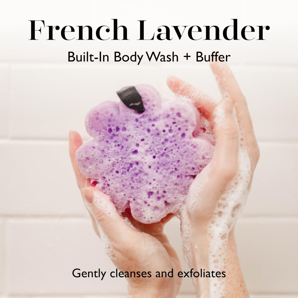 SPONGELLÉ Buffer sponge close-up reveals lavender-infused exfoliation.
