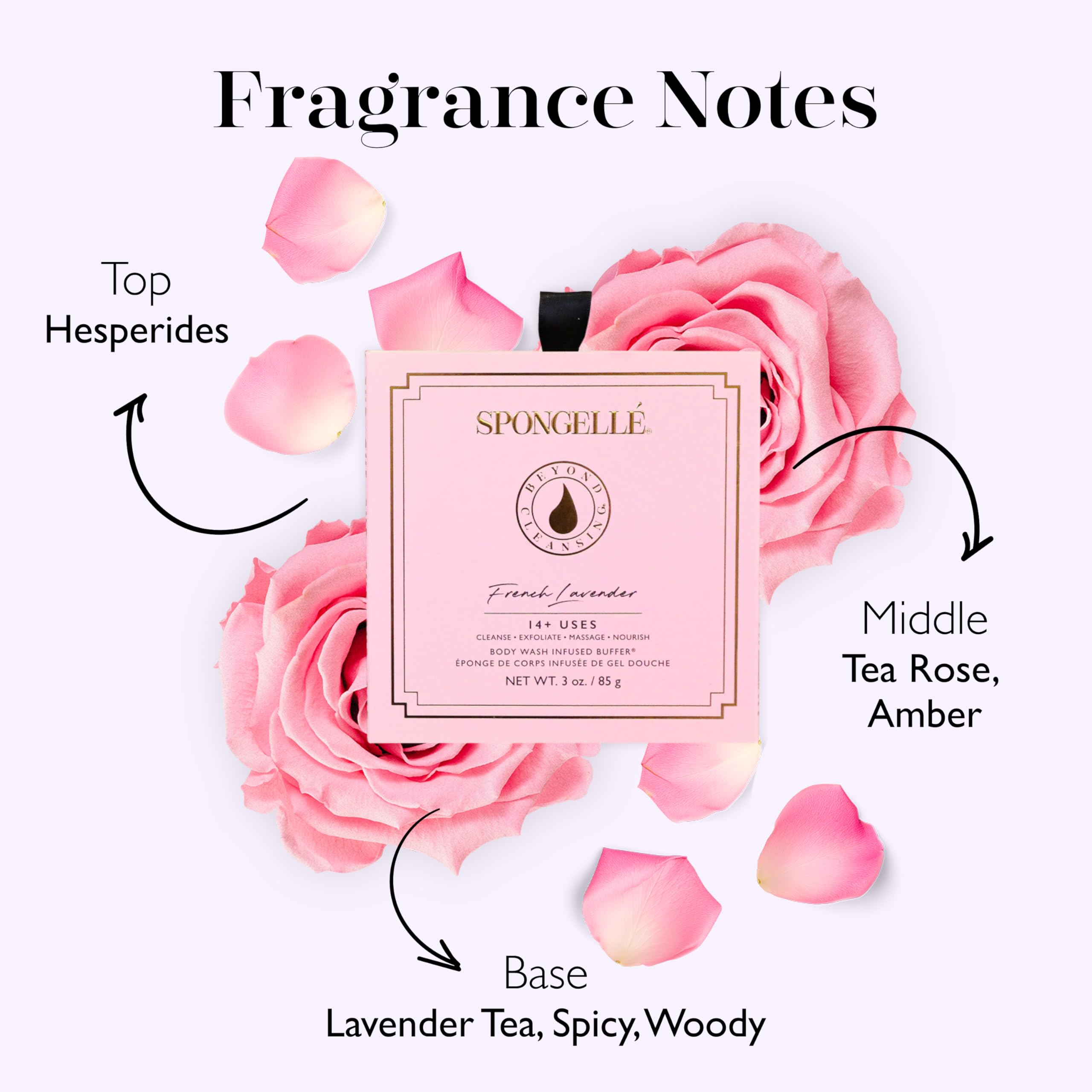 Spongellé buffer image 3 demonstrates lavender-infused exfoliation for soft skin
