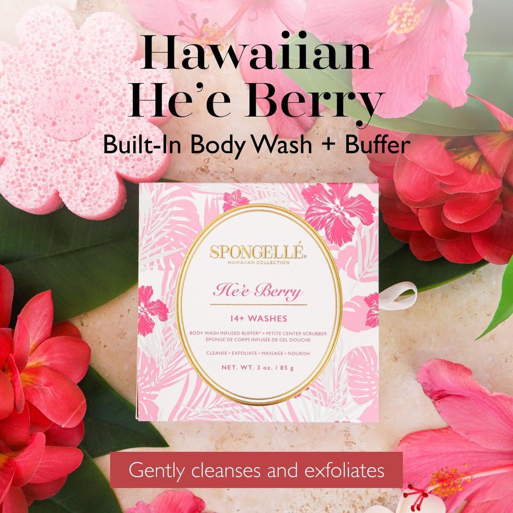 SPONGELLÉ He'e Berry Buffer fragrance swirl highlights uplifting floral notes for spa-like routines.