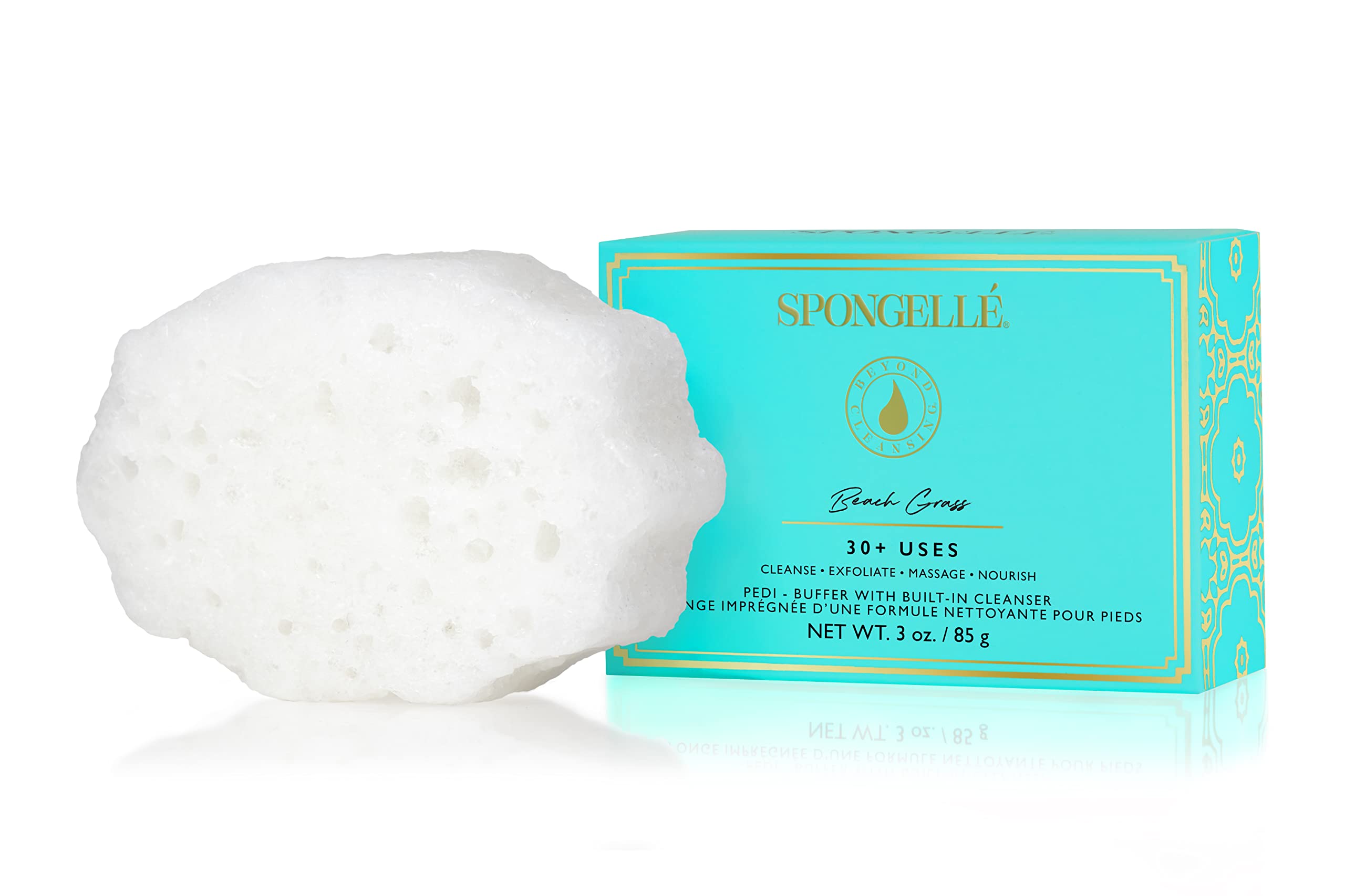 SPONGELLÉ Pedi-Buffer Beach Grass packaging close-up for premium foot care.