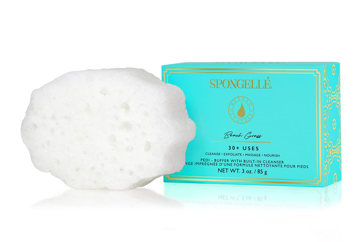 SPONGELLÉ Pedi-Buffer Beach Grass packaging close-up for premium foot care.