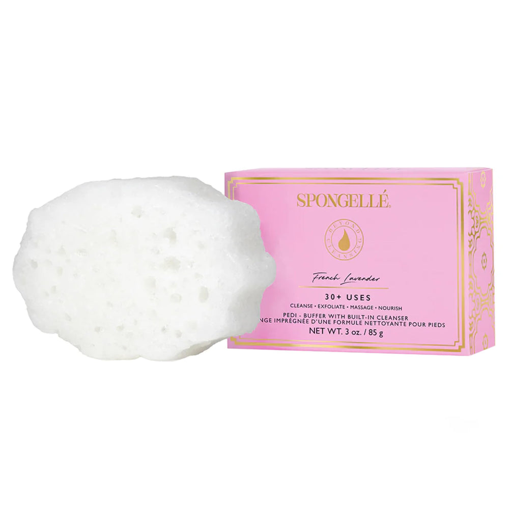 SPONGELLÉ Pedi Buffer lavanda francesa; exfoliante-pies suave y revitalizante.