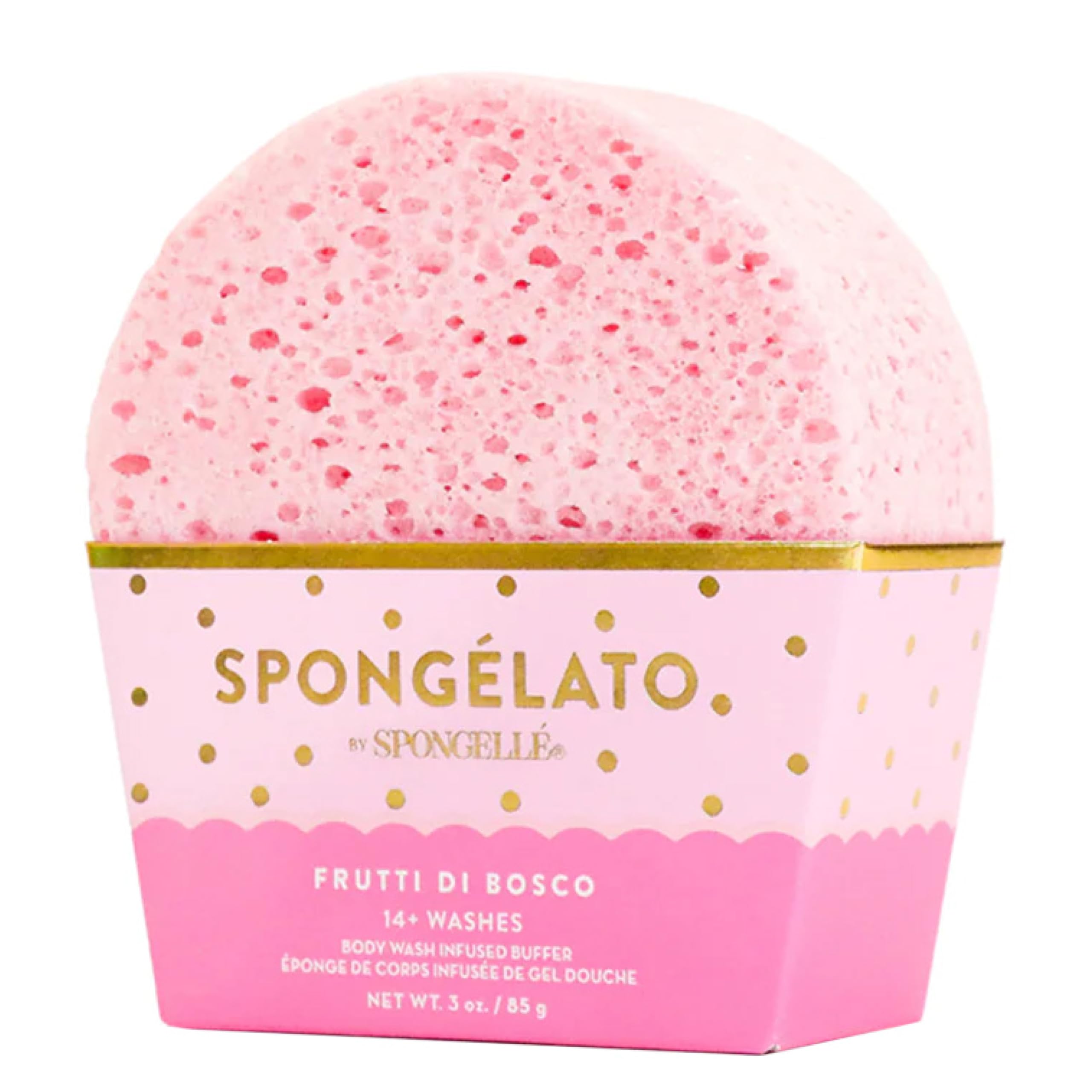 Spongellé Spongelato Frutti di Bosco loofah exfoliates skin with berry-scented freshness.