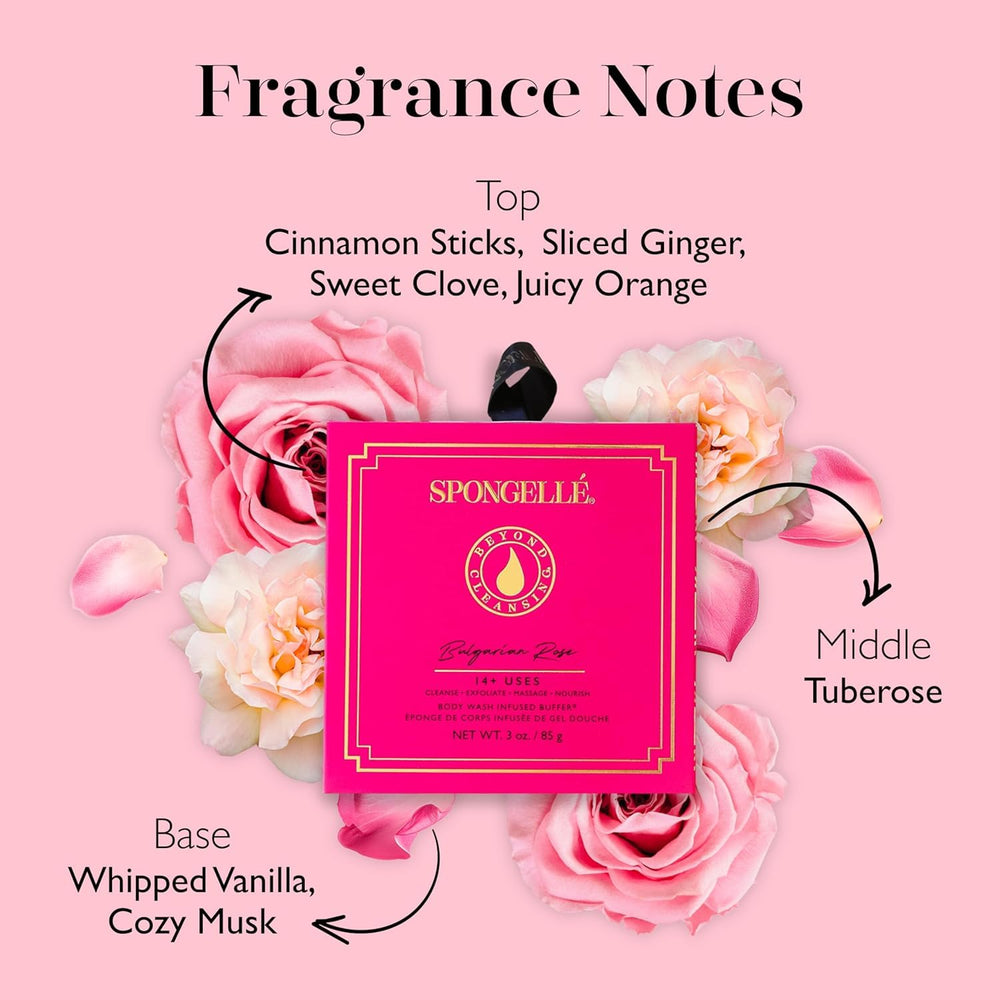 SPONGELLÉ Wild Flower Buffer Freesia Pear infusion offers refreshing exfoliation during showers.