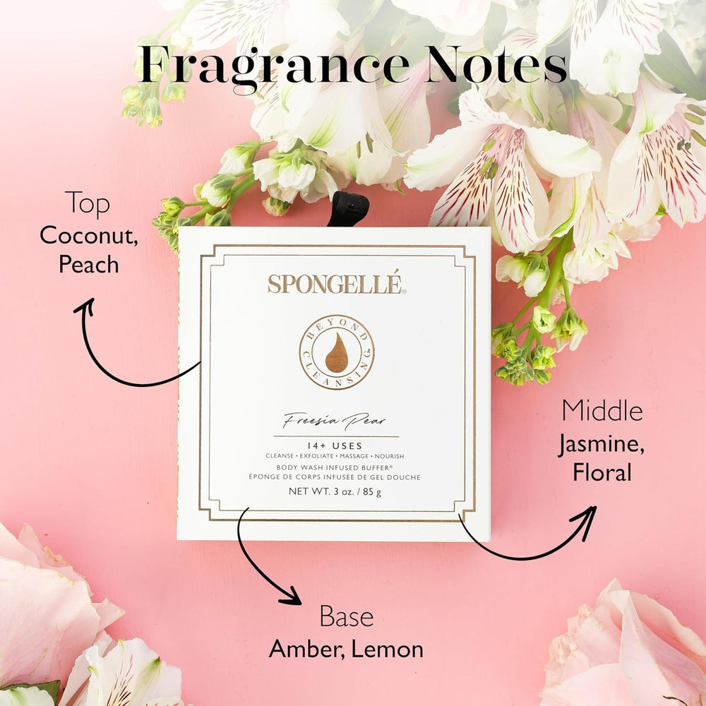 SPONGELLÉ Wild Flower Buffer hanging ribbon design suggests easy storage and travel-ready use.