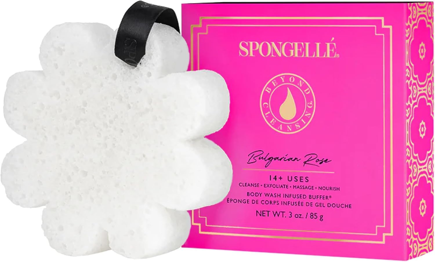 The SPONGELLÉ Wild Flower Buffer loofah in hand demonstrates built-in body wash for quick cleansing.