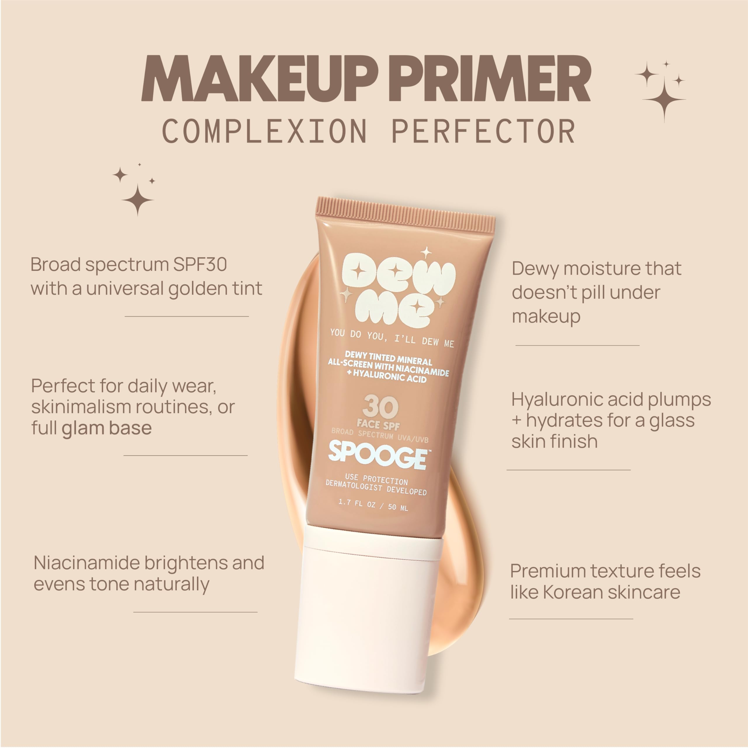 SPOOGE Dew Me used as primer under makeup with SPF protection