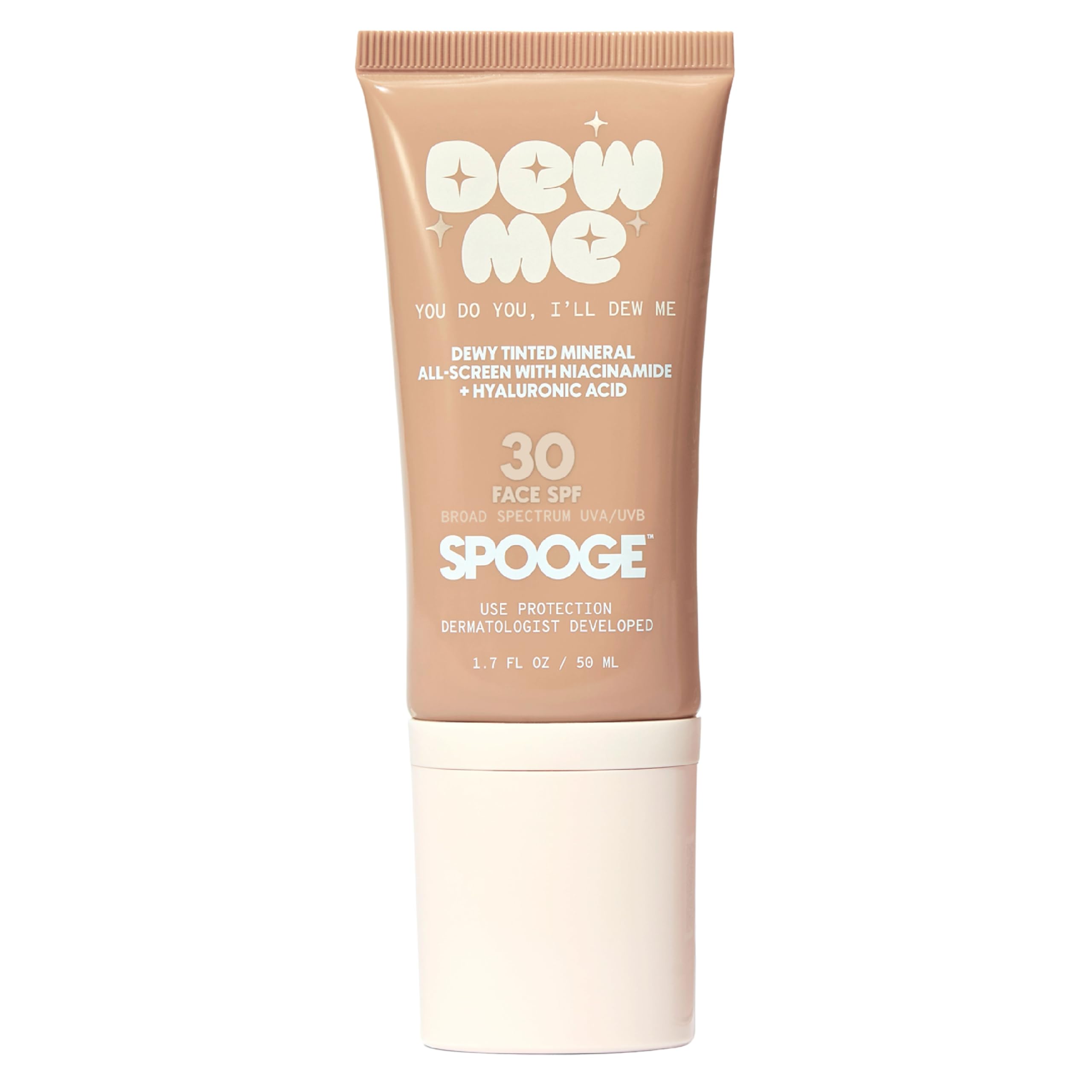 SPOOGE Dew Me tinted SPF30 front-view bottle showing golden glow for everyday protection