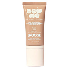 SPOOGE Dew Me tinted SPF30 front-view bottle showing golden glow for everyday protection