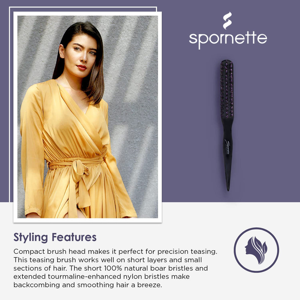 SPORNETTE back-brushing and volume shot demonstrates professional performance for polished styles