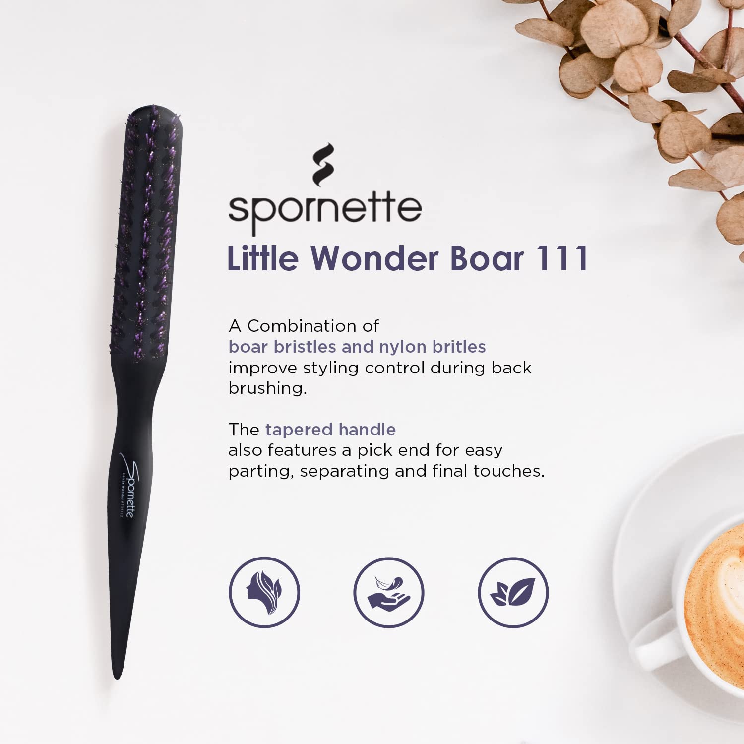 SPORNETTE boar-bristle brush close-up highlights scalp massage and shine