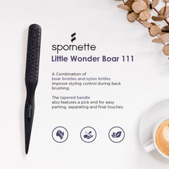 SPORNETTE boar-bristle brush close-up highlights scalp massage and shine