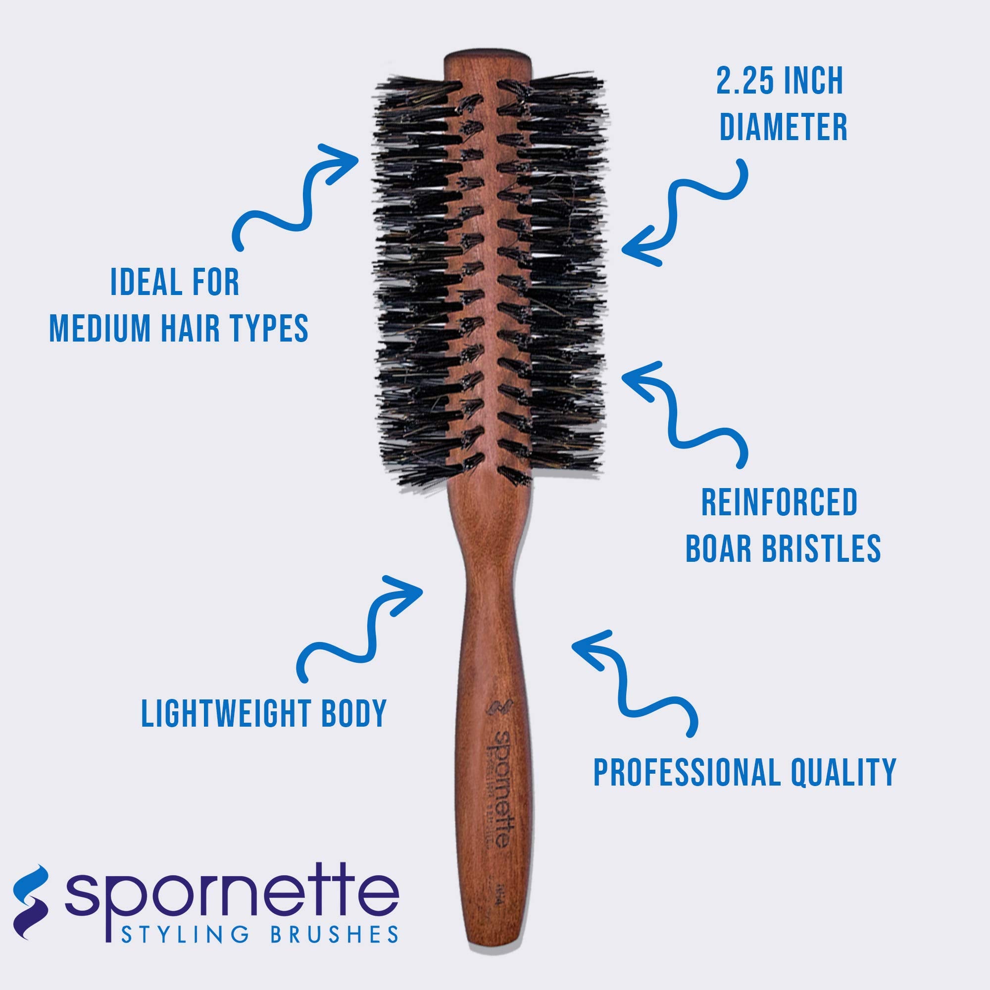 Spornette Italian round brush suitable for medium to long hair textures and styles.