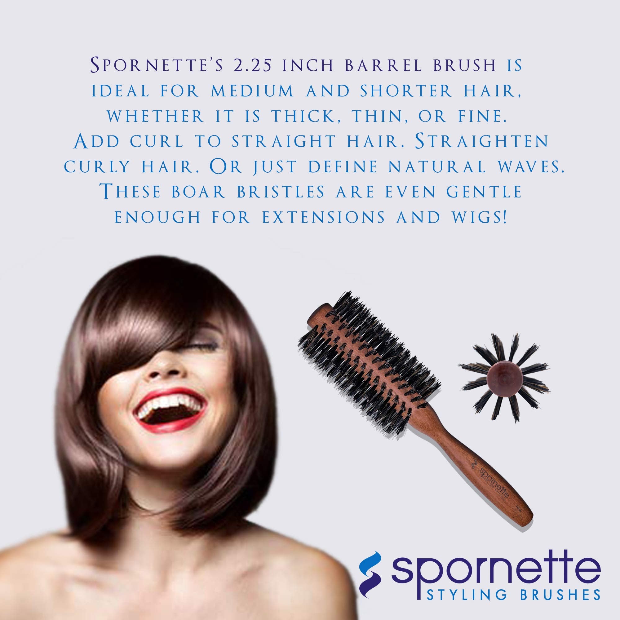 Spornette Italian round brush wooden handle provides comfortable grip for extended styling.