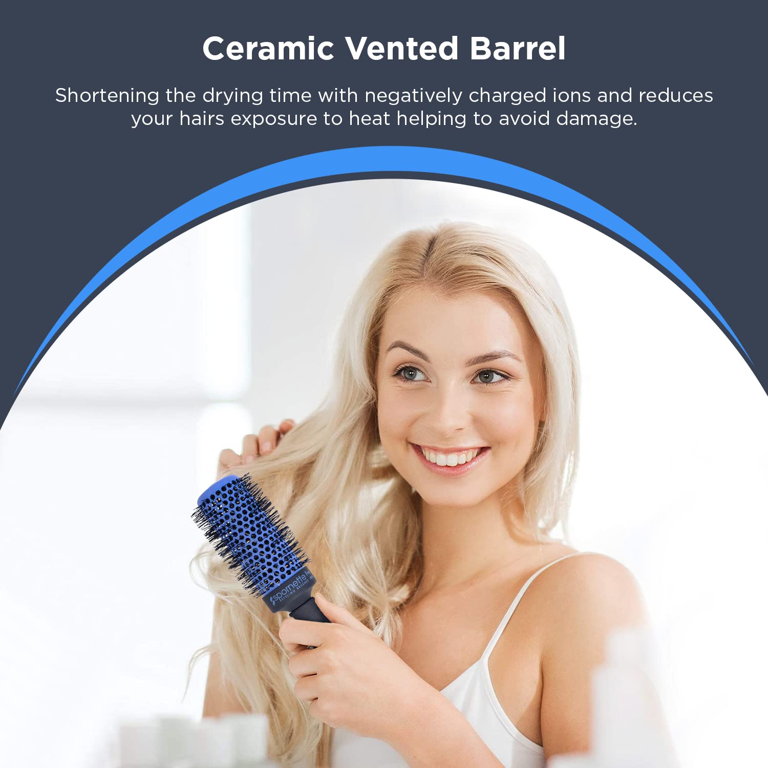 Spornette Prego nano-silver bristles reduce static for sleek styling.