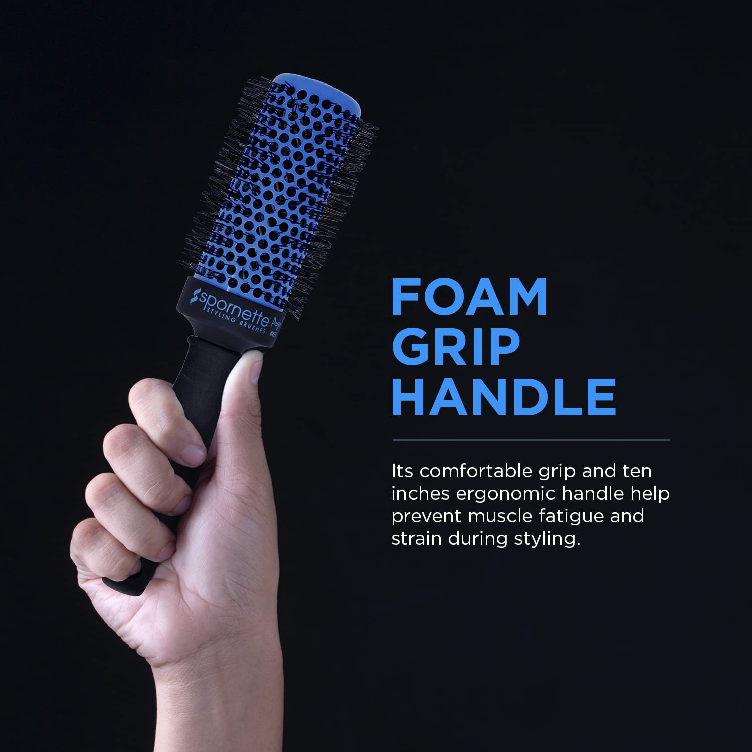 Spornette Prego 2.5-inch brush used with blow dryer for added volume.