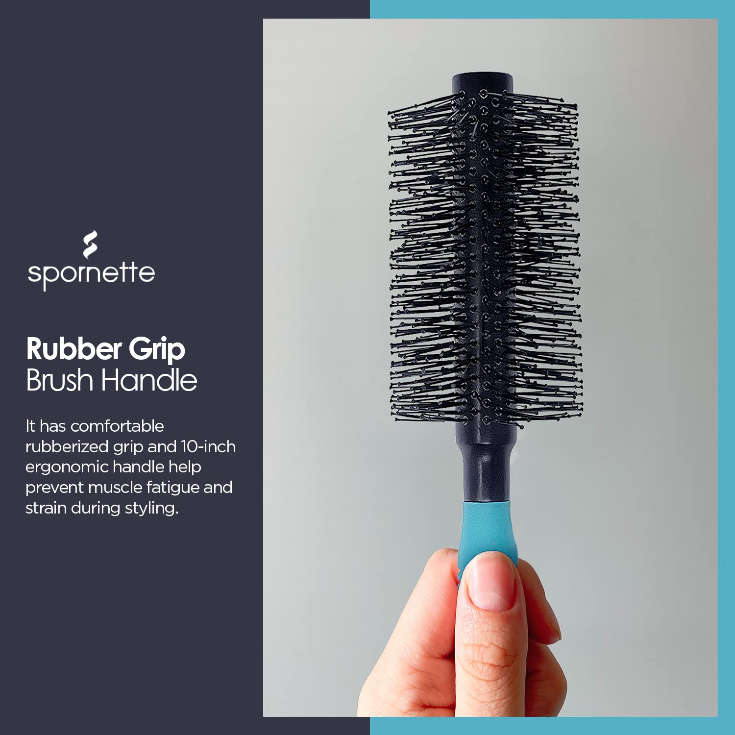 Spornette round brush for detangling and frizz control during blow-drying