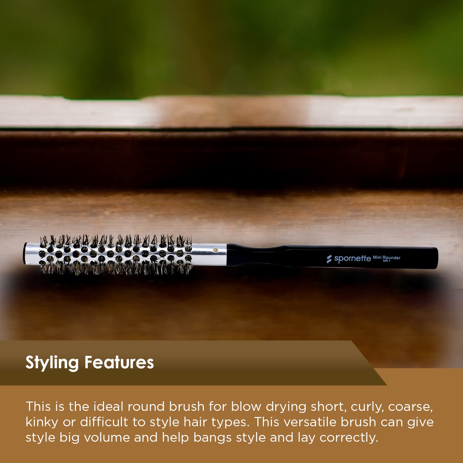 Spornette small round brush ionic tourmaline nylon bristles reduce frizz.
