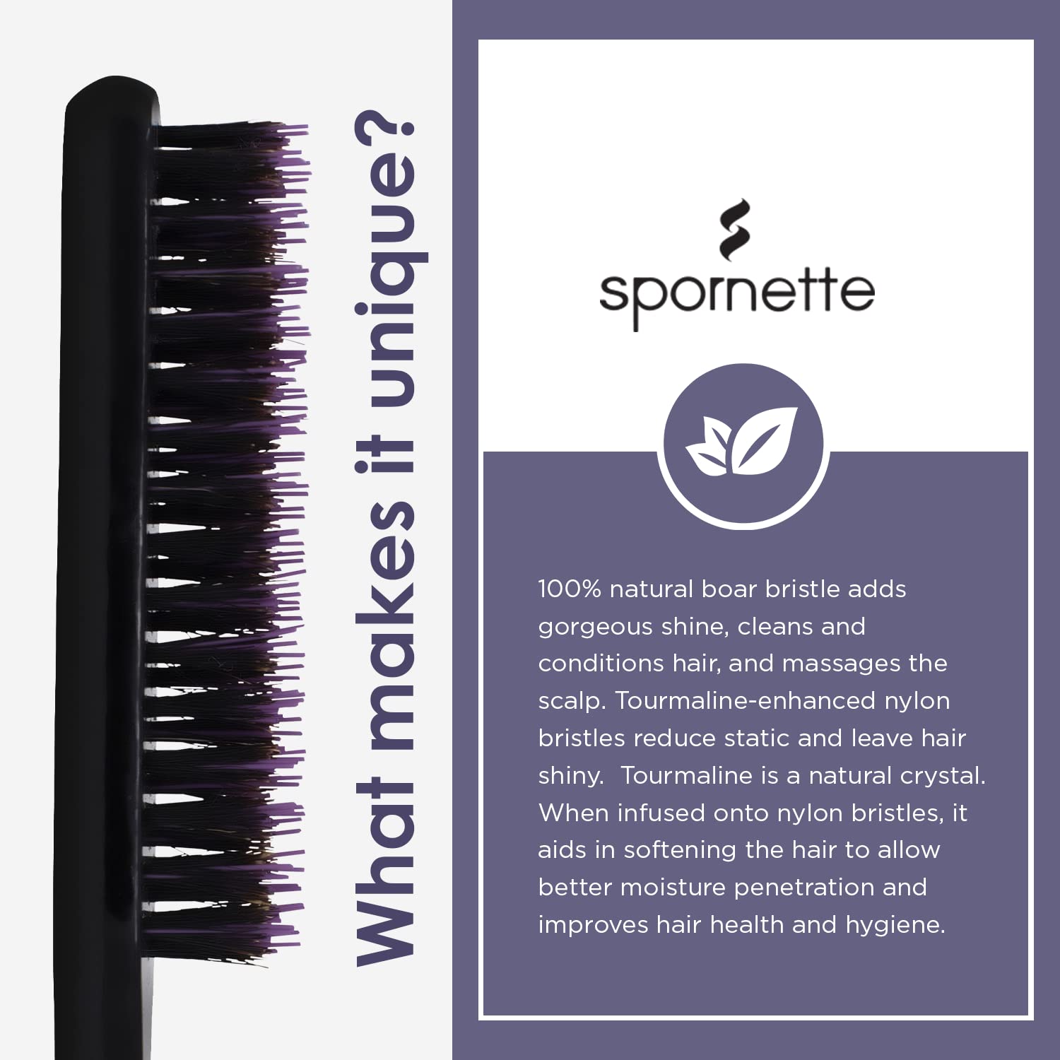 SPORNETTE tourmaline nylon bristles close-up demonstrates anti-static smoothing